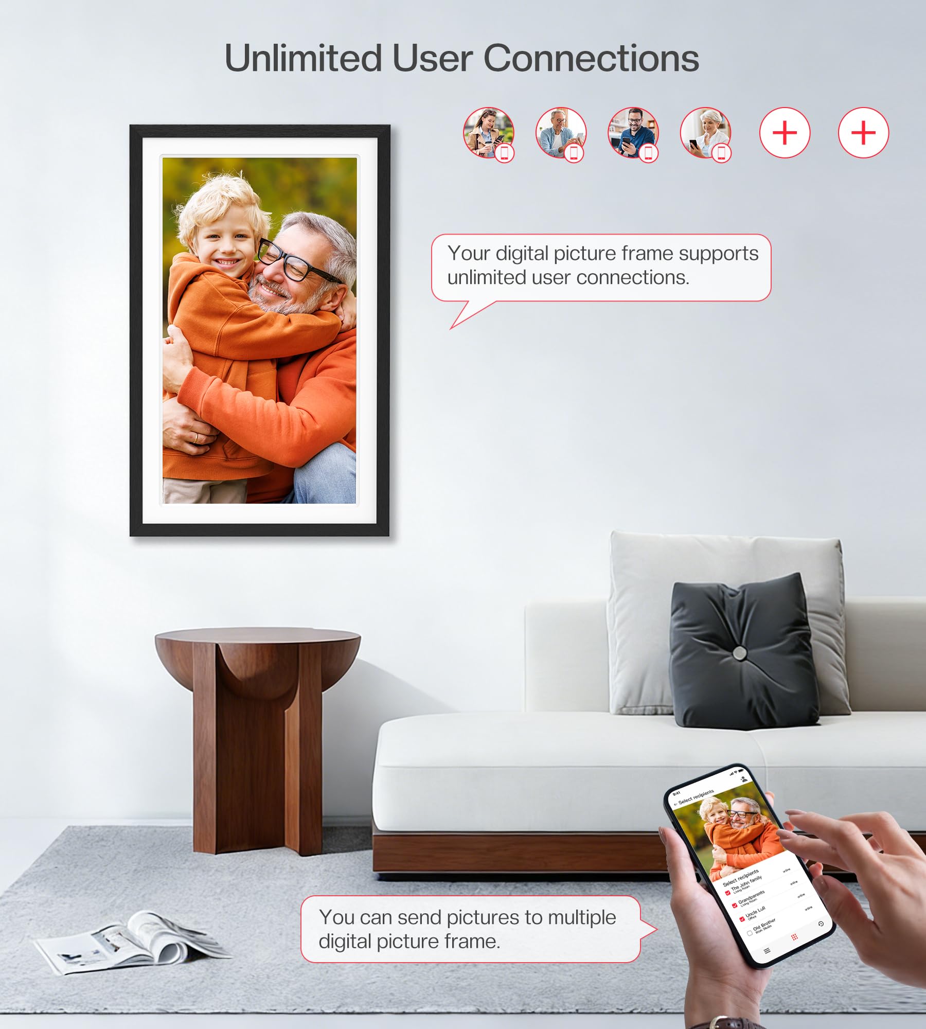 BIGASUO Digital Picture Frame, 10.1" Frameo Digital Frame WiFi with 32GB Memory, 1280x800 IPS Touch Screen, Send Photos/Videos from Your Phone Anywhere, Photo Gifts for Parents and Grandparents: 21.5" Black & White 64GB