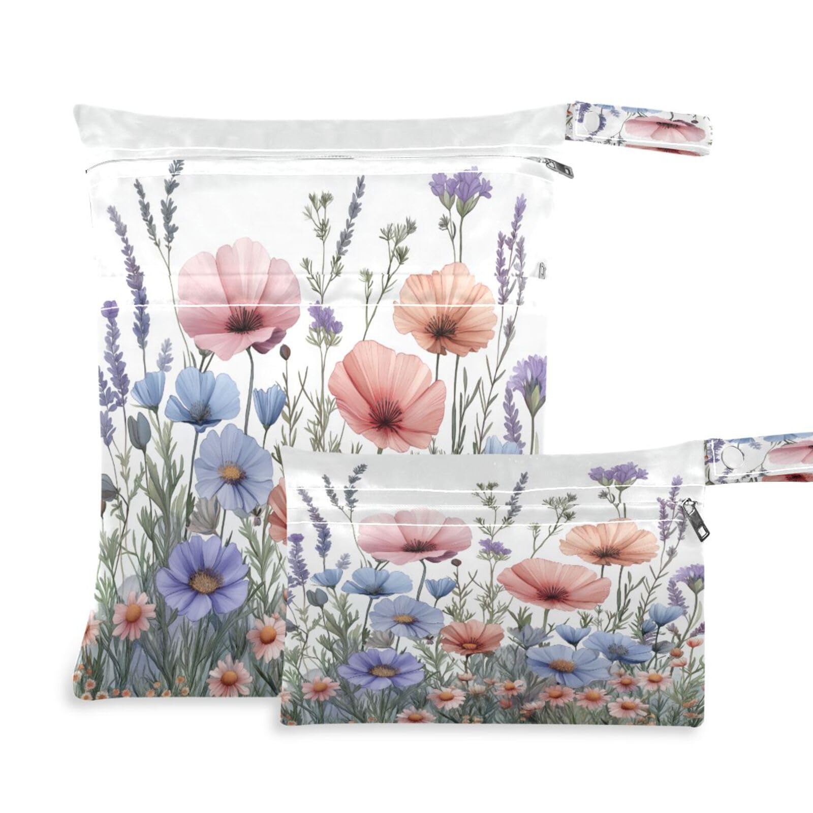 ATTX Herbal Wildflowers Wet Dry Bags 2-Pack - Reusable Cloth Diaper Storage for Travel, Beach & Gym | Multi-Use Waterproof Bags for Swimsuits, Baby Clothes, Sports Gear#167