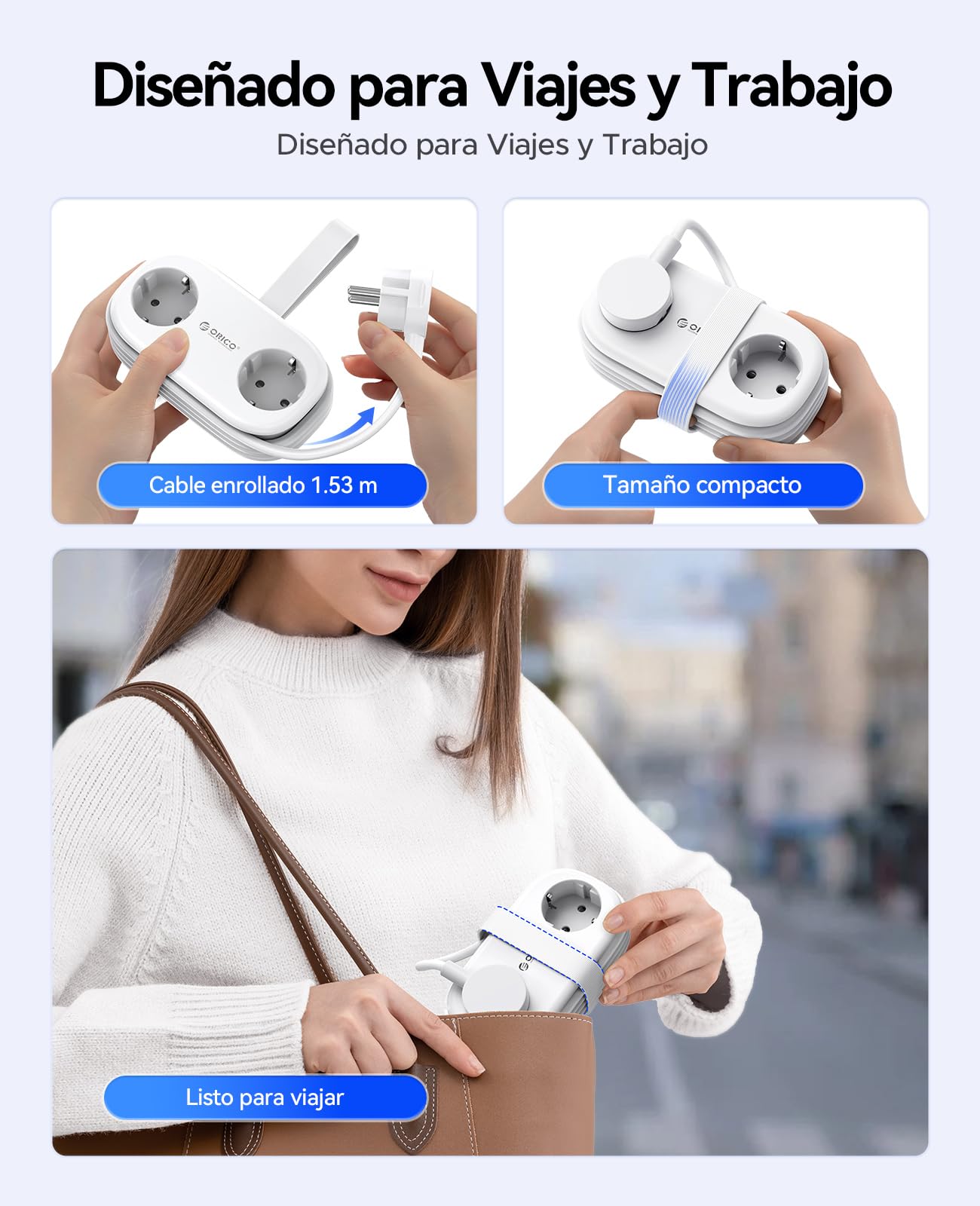 ORICO Combo 2 en 1: Regleta de Viaje Blanco + PowerBrick Lila | 4 Enchufes AC + 7 Puertos USB (3 USB-C) | Carga Rápida GAN 25W y PD 20W | Cables de 1.5m y 1.6m para Viajes, Hogar, Oficina