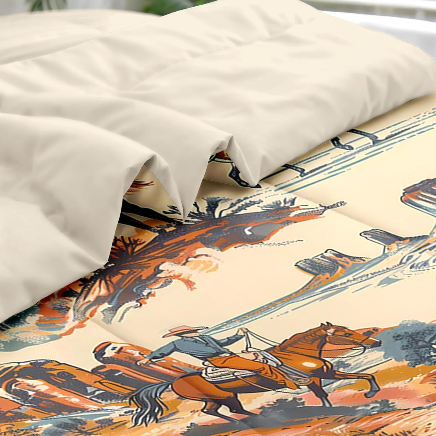 Comforter Set Queen Size, West Horse Desert 7 Pcs Bedding for Kids and Adults, Vintage Western Cowboy Bed Sheet Sets with Fitted Sheet 2 Pillowcases & 2 Shams for Bedroom Bed Decor - Image 5