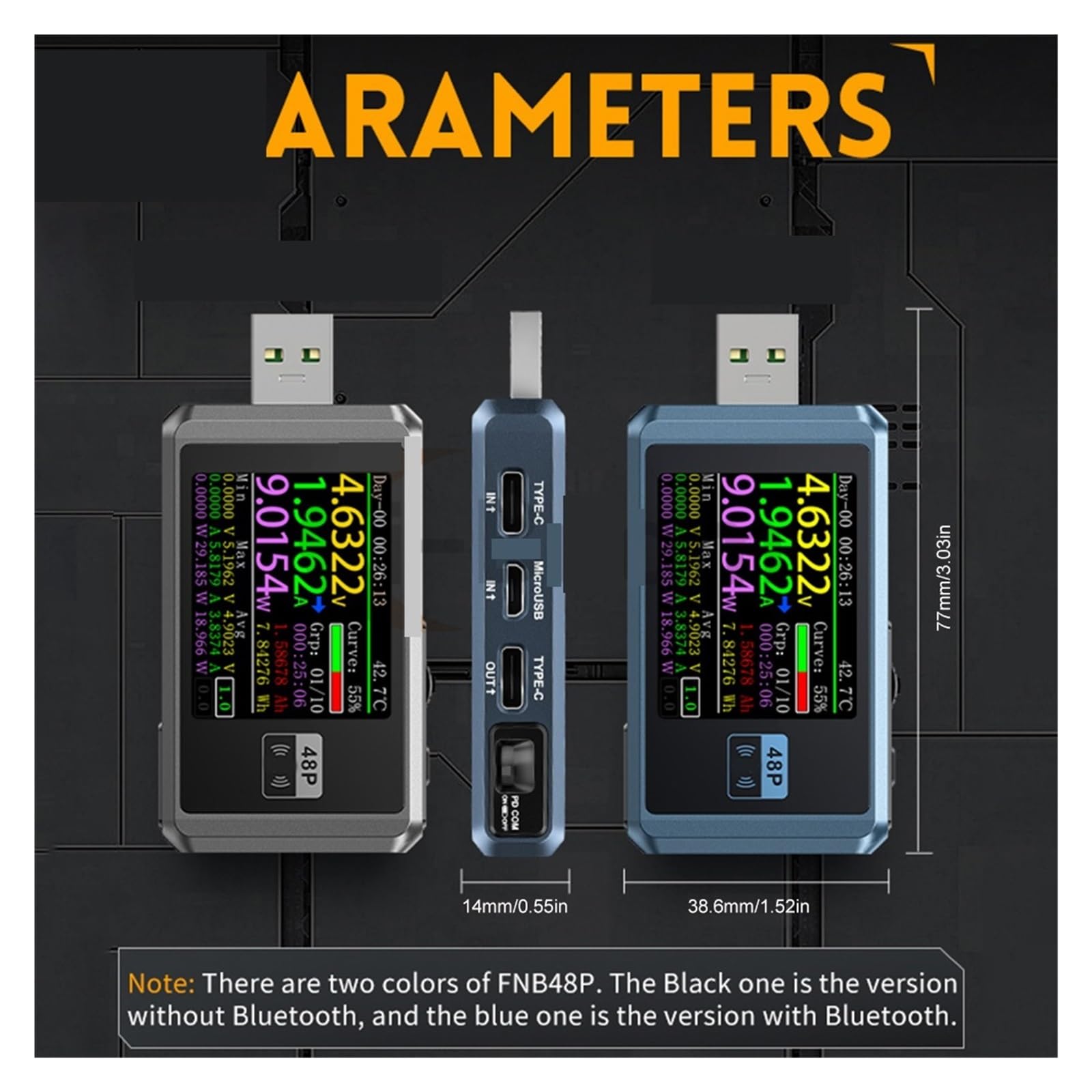 Tester USB FNB48P Tester napięcia prądu USB Wyzwalacz PD QC4.0 + PD3.0 2.0 TYPE-C Test pojemności szybkiego wykrywania ładowania 1,77-calowy wyświetlacz LCD(With Bluetooth)
