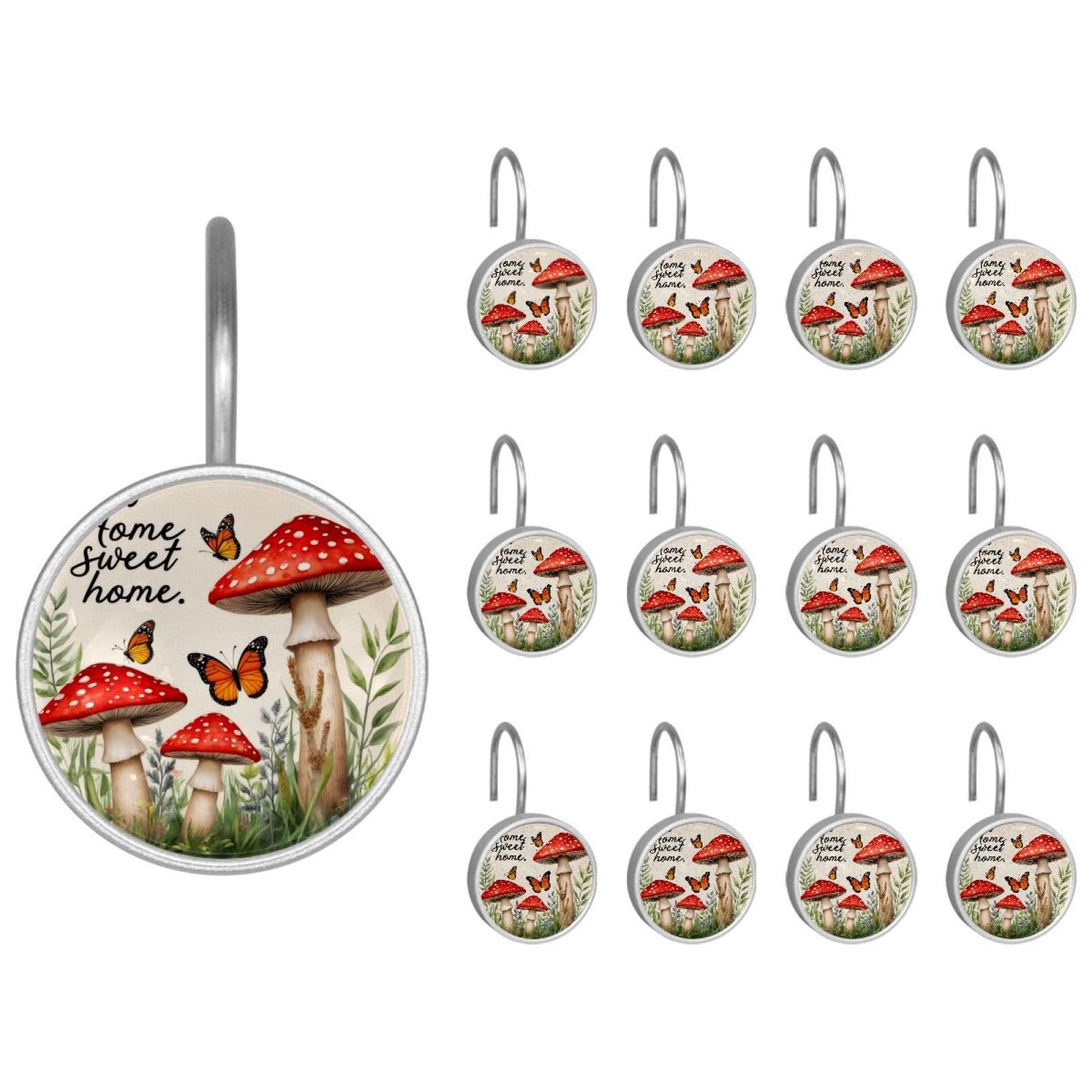 12pcs Glass Shower Curtain Hooks, Rust Resistant Decorative Shower Rings for Bathroom Living Room,Stainless Steel Hooks for Shower Curtain and Liner Rods (Mushroom Butterflies)
