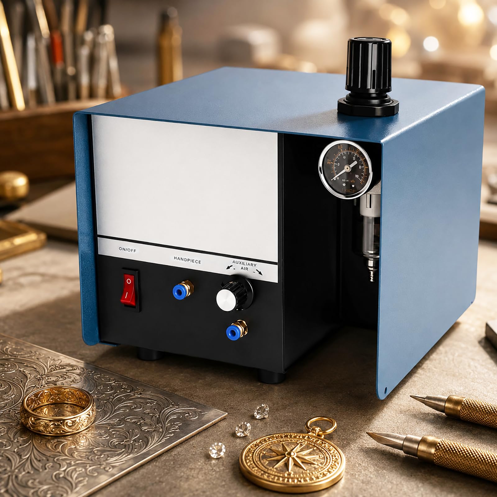 HCAUYNN Air Engraver Jewellery Tool, Pneumatic Engraving Machine with Handpiece & Pressure Regulator for Ring Engraving, Metal Carving & Gemstone Setting