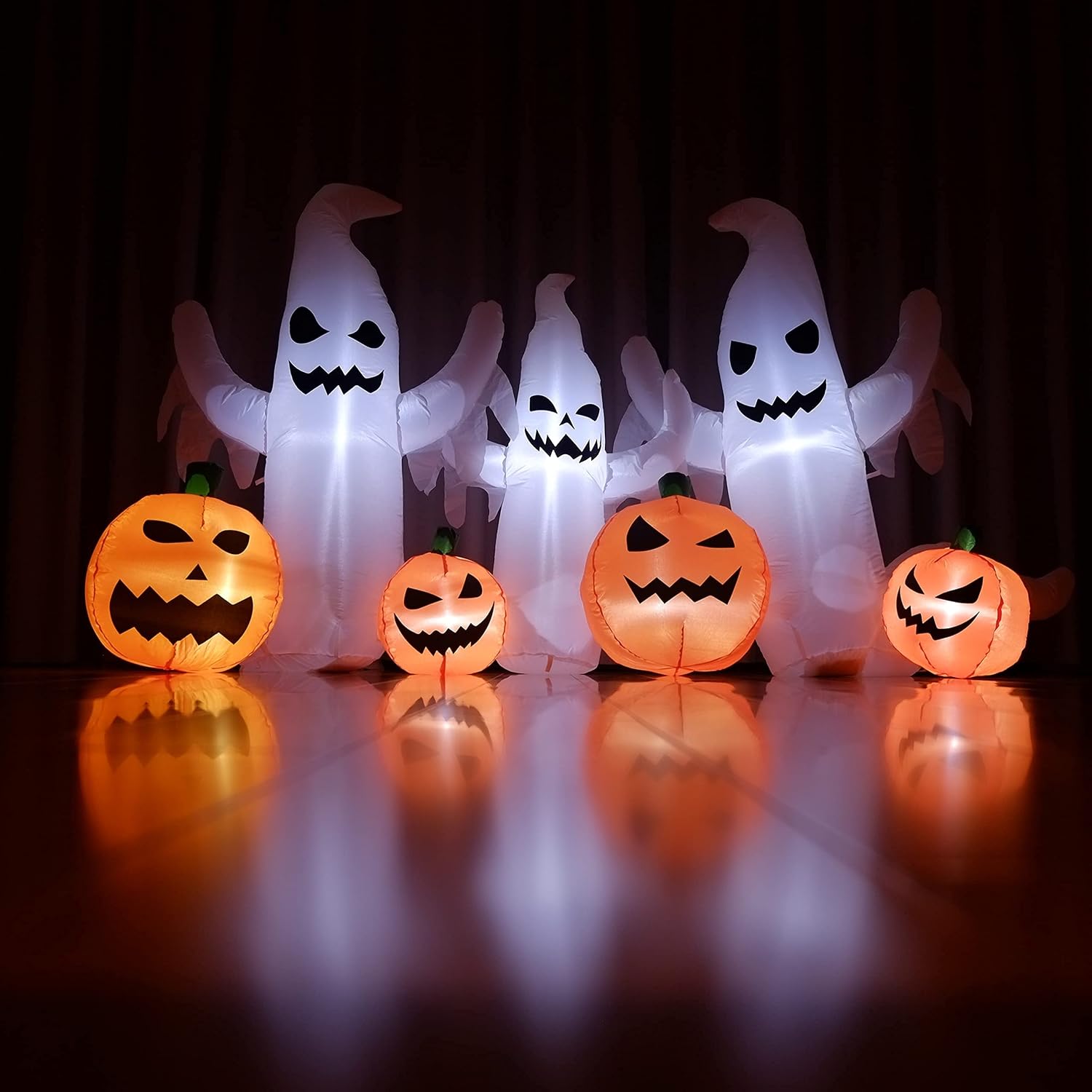 Kurala Halloween Inflatable Ghosts with Pumpkins Decorations Outdoor, 8 FT Long 4 FT High Halloween Blow Up Yard Decoration, Built-in LED Lights
