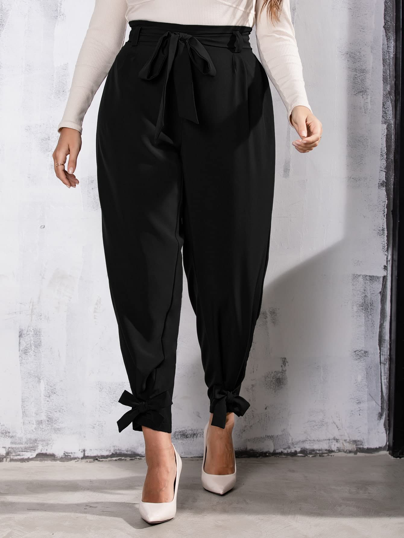 AntaQuyaN Plus Size Pants Women Plus Knot Detail Belted Pants Plus Size Pants Women Color Black Size 3X-Large