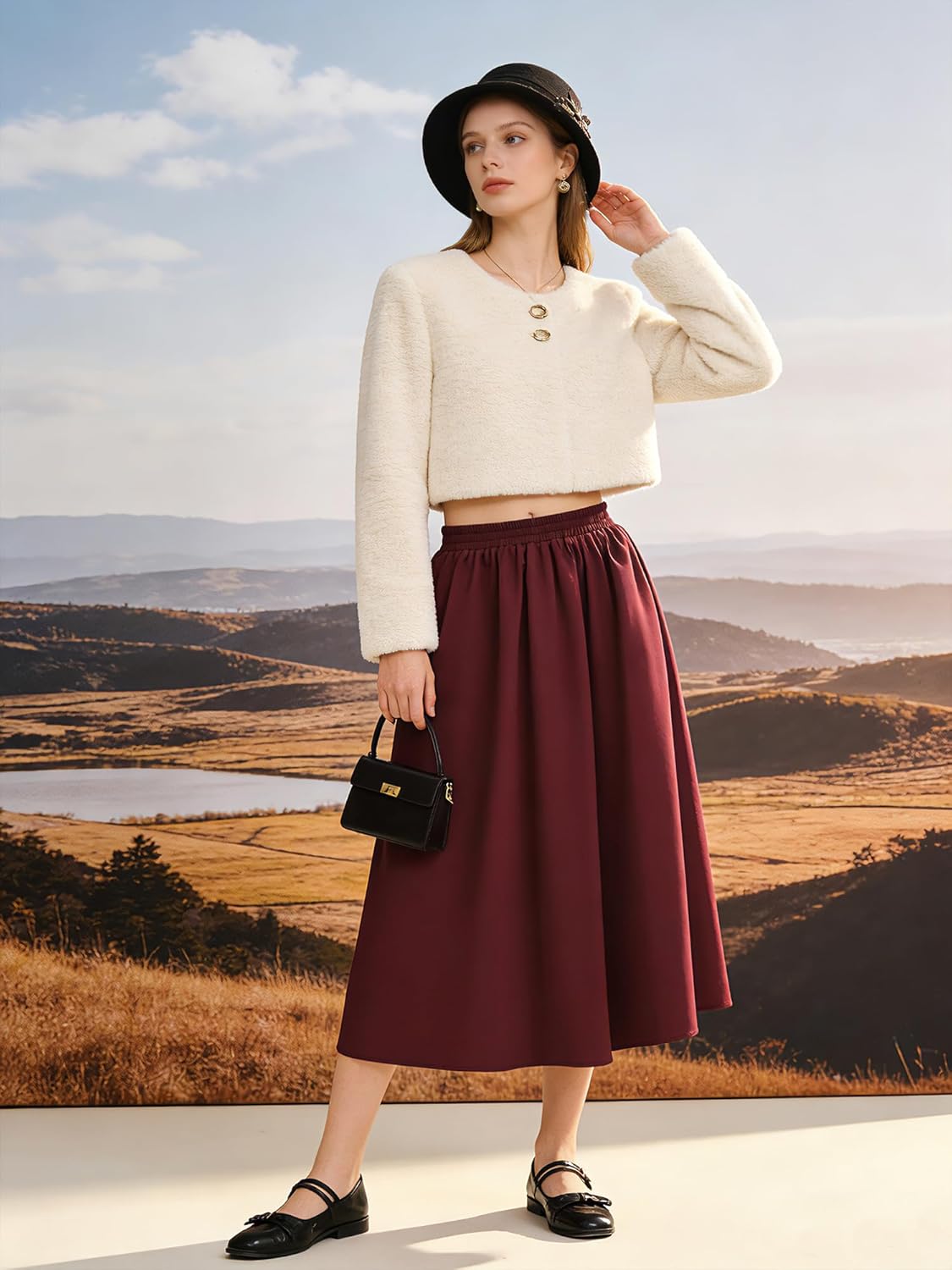 NASHALYLY Women's Midi Skirt High Waisted A-Line Pleated Elastic Casual Long Skirt with Pockets - Image 2