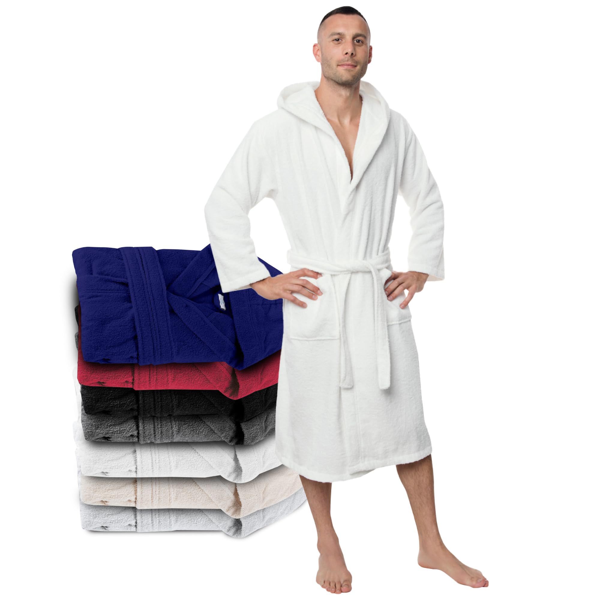 Bathrobe Men & Women 100% Cotton OEKO-TEX® Certified - XXL White - Premium Dressing Gown Mens Absorbent Towelling with Hood, 2 Pockets, Belt