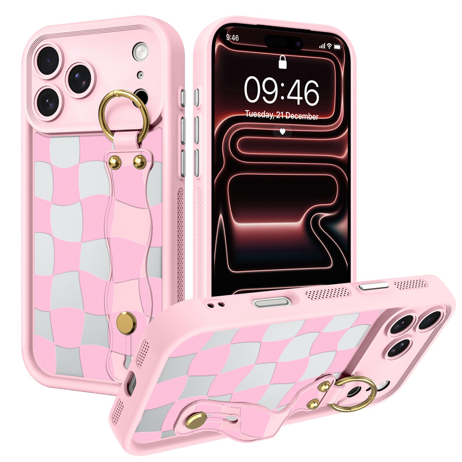 Fiyart Funda a cuadros para iPhone 17 Pro Max con correa de muñeca, soporte