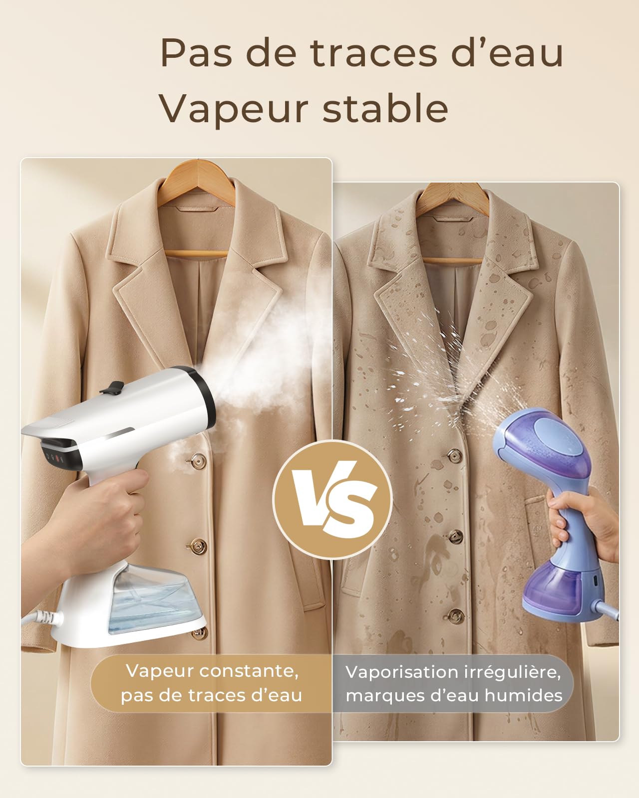 HOMEASY Défroisseur Vêtement à Main avec Aspiration 6000Pa, 1500W | Vapeur E22, Réservoir 270ml, 2 Niveaux, Préchauffe 25s, Sans Planche, Maison et Voyage