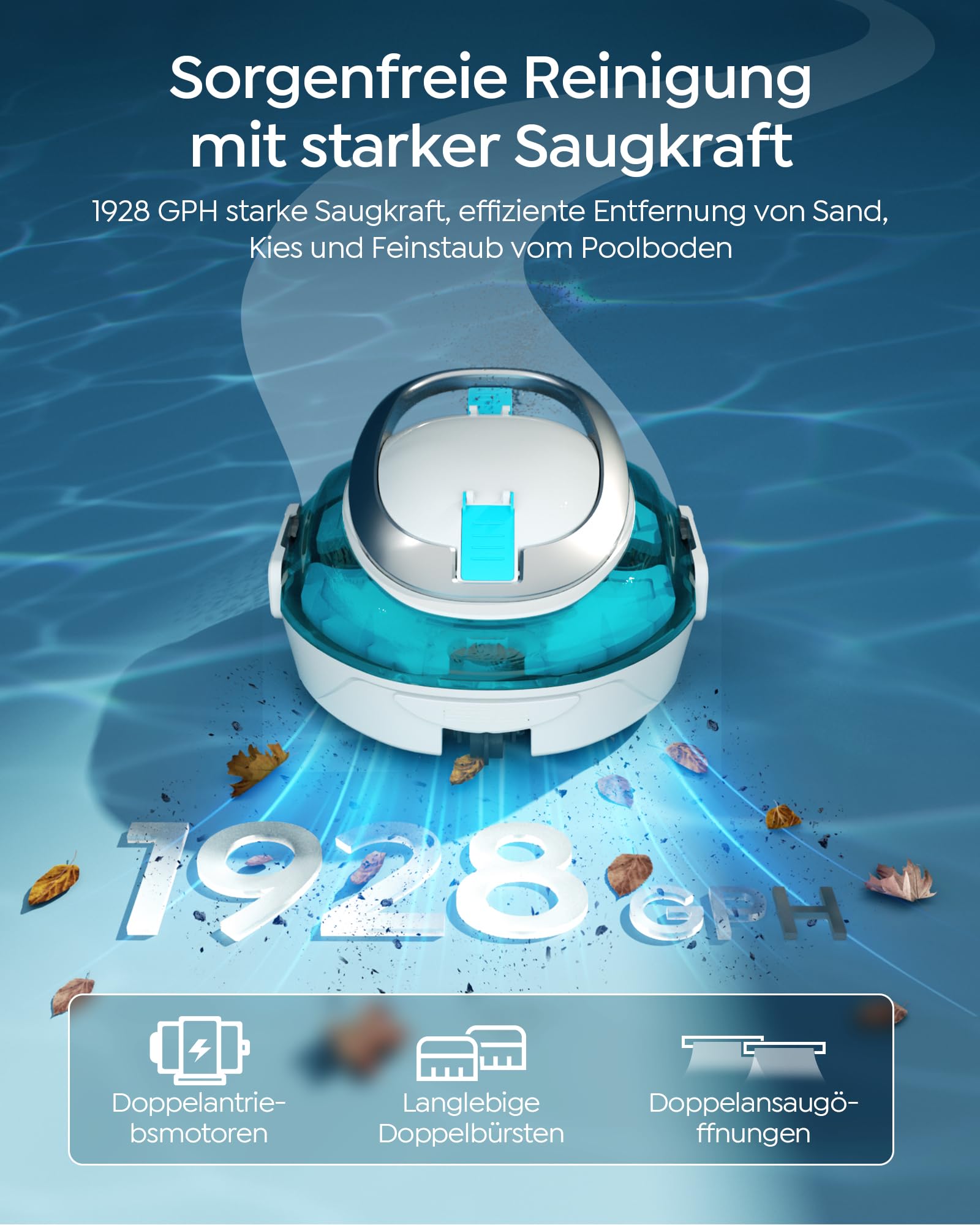 S2 Poolroboter,Doppelfiltration,Kabelloser Poolsauger Akku,Blau