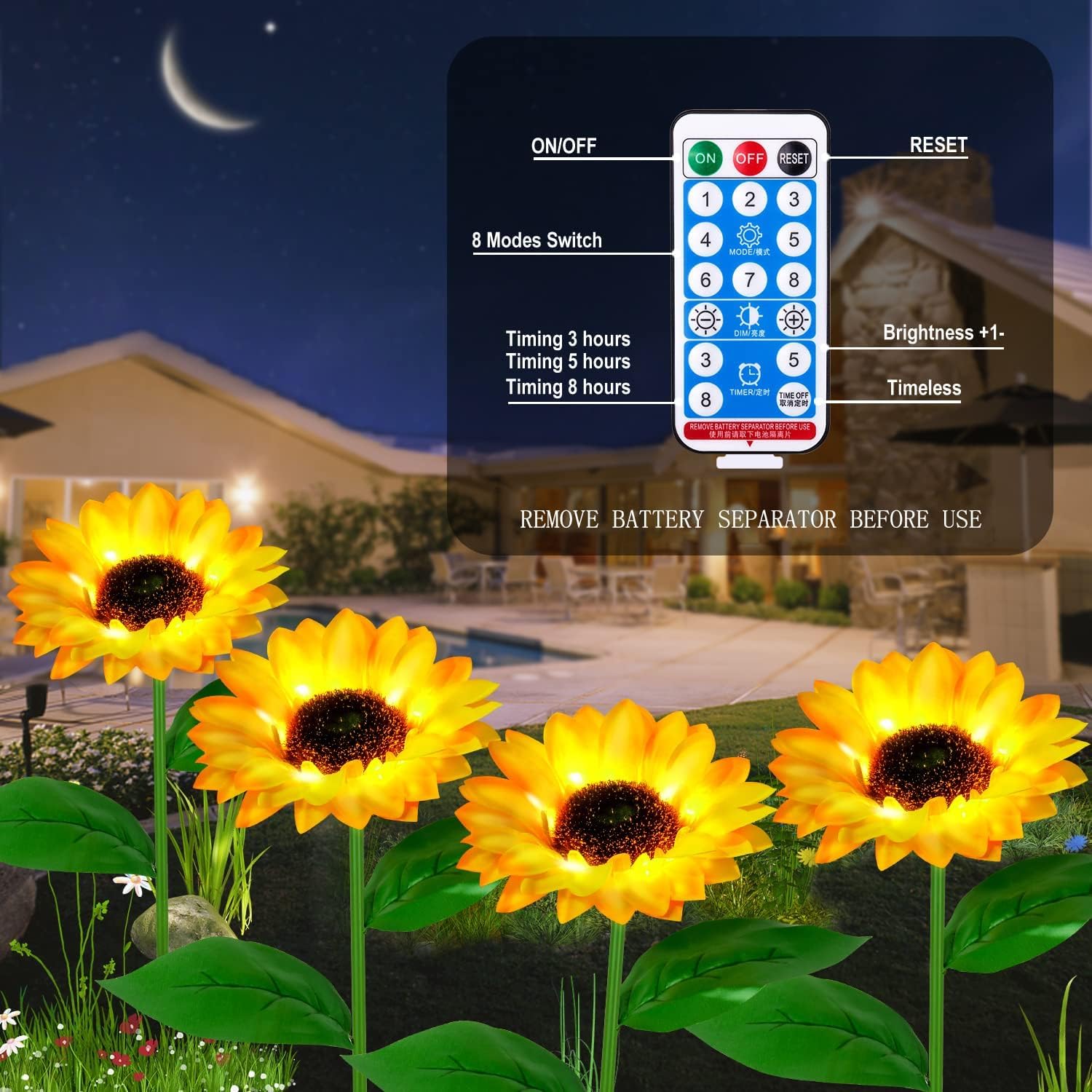 Luci solari da giardino per esterni e interni, confezione da 4 luci a girasole con telecomando, 8 modalità, decorazione per casa, giardino, regalo per mamma, donne, nonna, compleanno, patio, cortile
