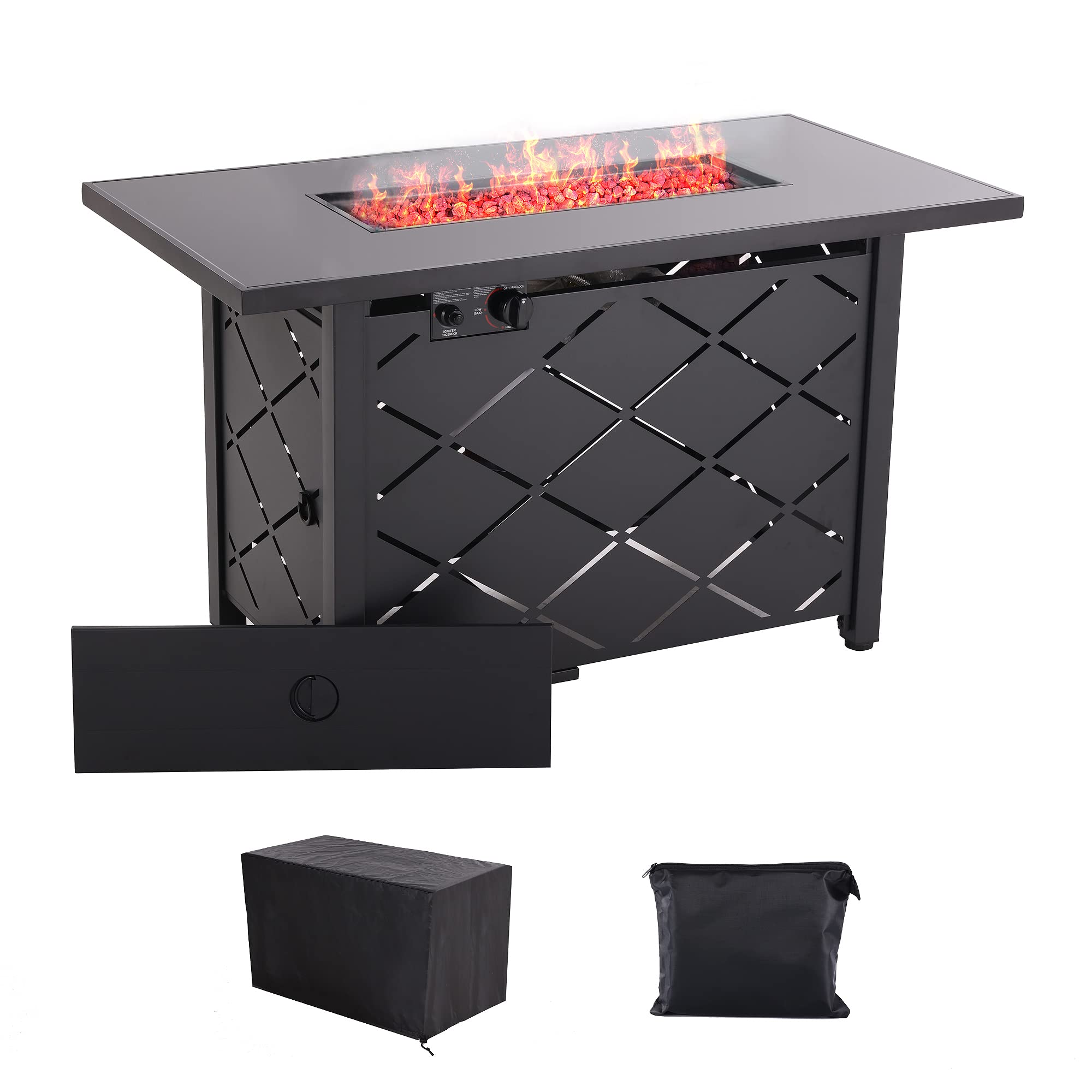Amazon.com: FOOWIN 43 in Propane Fire Pit Table,Gas Table with Glass Wind  Guard,60,000 BTU Auto-Ignition ,CSA Certification and New Black Tempered  Tabletop ,for Patio, Outdoor green New 44 INCH : Patio, Lawn