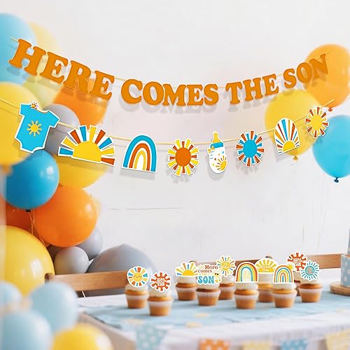 Miniatura 7 de Banner de baby shower con globos para decoración de cupcakes y pasteles, Here Comes the Son Baby Shower Decor Boy Boho Retro Sunshine Party Supplies