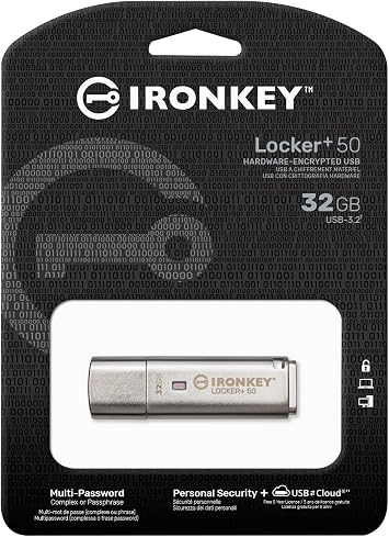 Kingston Ironkey Locker+ 50 32GB Encrypted USB Flash Drive | USB 3.2 Gen 1 | XTS-AES Protection | Multi-Password Security Options | Automatic Cloud Backup | Metal Casing | IKLP50/32GB,Silver
