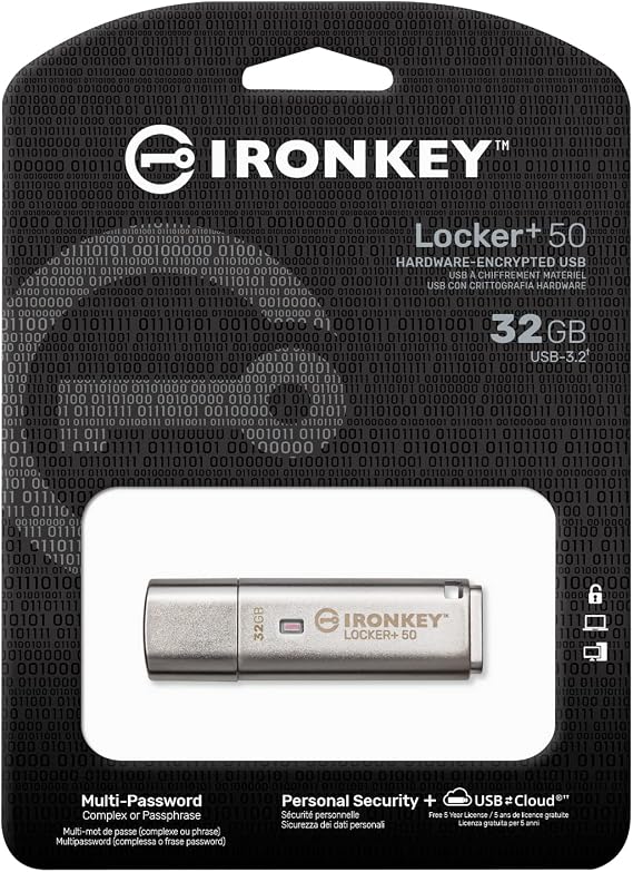 Kingston Ironkey Locker+ 50 32GB Encrypted USB Flash Drive | USB 3.2 Gen 1 | XTS-AES Protection | Multi-Password Security Options | Automatic Cloud Backup | Metal Casing | IKLP50/32GB,Silver