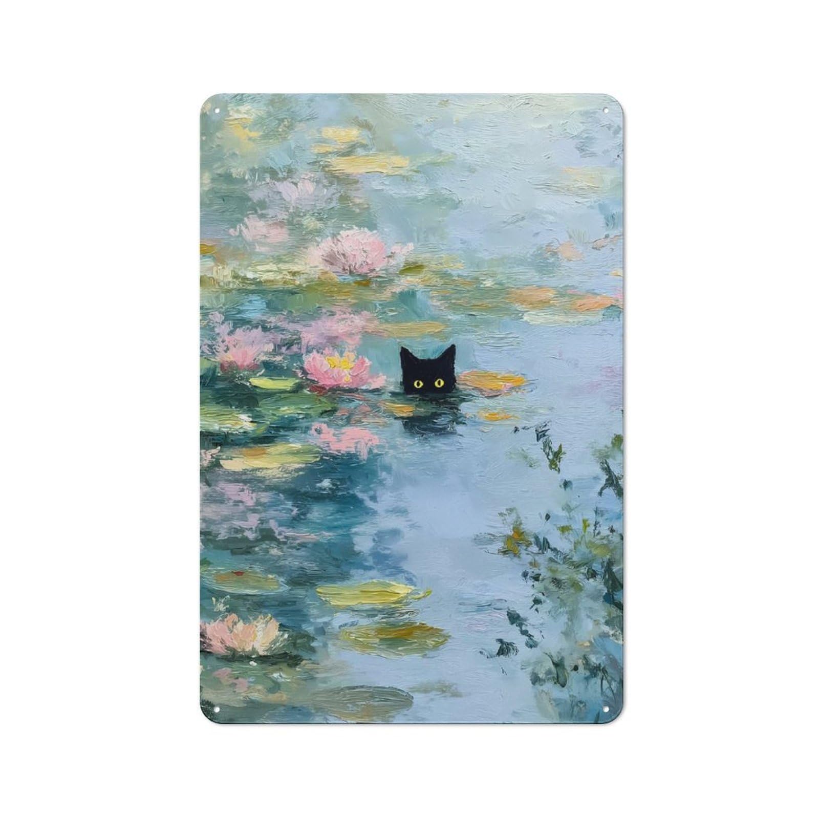 Junmoney Style 30X20cm Retro Tin Sign With Black Cat In Water Lilies Painting For Kitchen Or Home Bar, A Decorative Gift For A Newly Furnished Kitchen And Home Bar