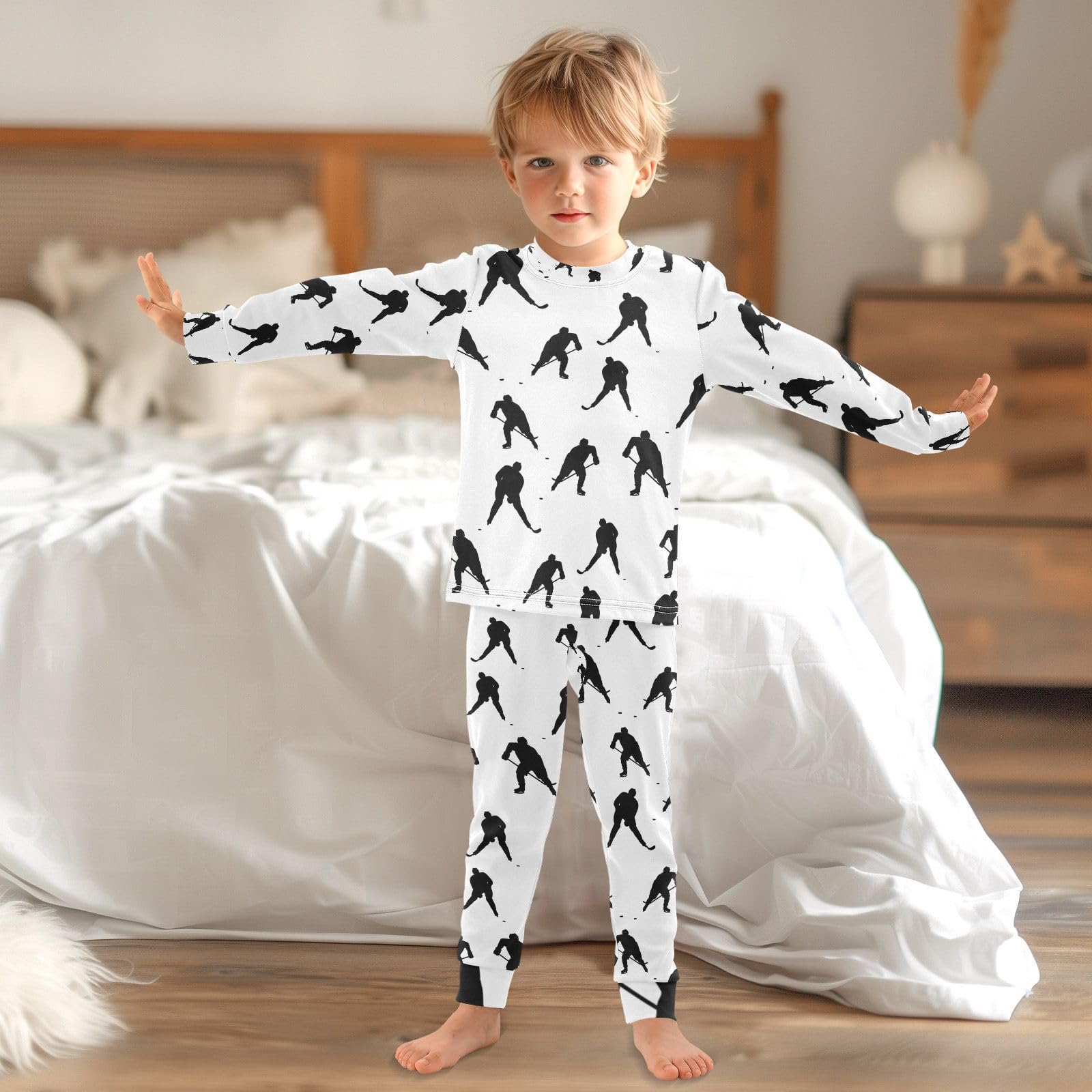 Mnsruu Kinder-Nachtwäsche mit Eishockey-Spielern, langärmeliges Oberteil und Hose, bequeme Baumwolle, Pyjama für Jungen und Mädchen, Unisex, Loungewear, 18 m