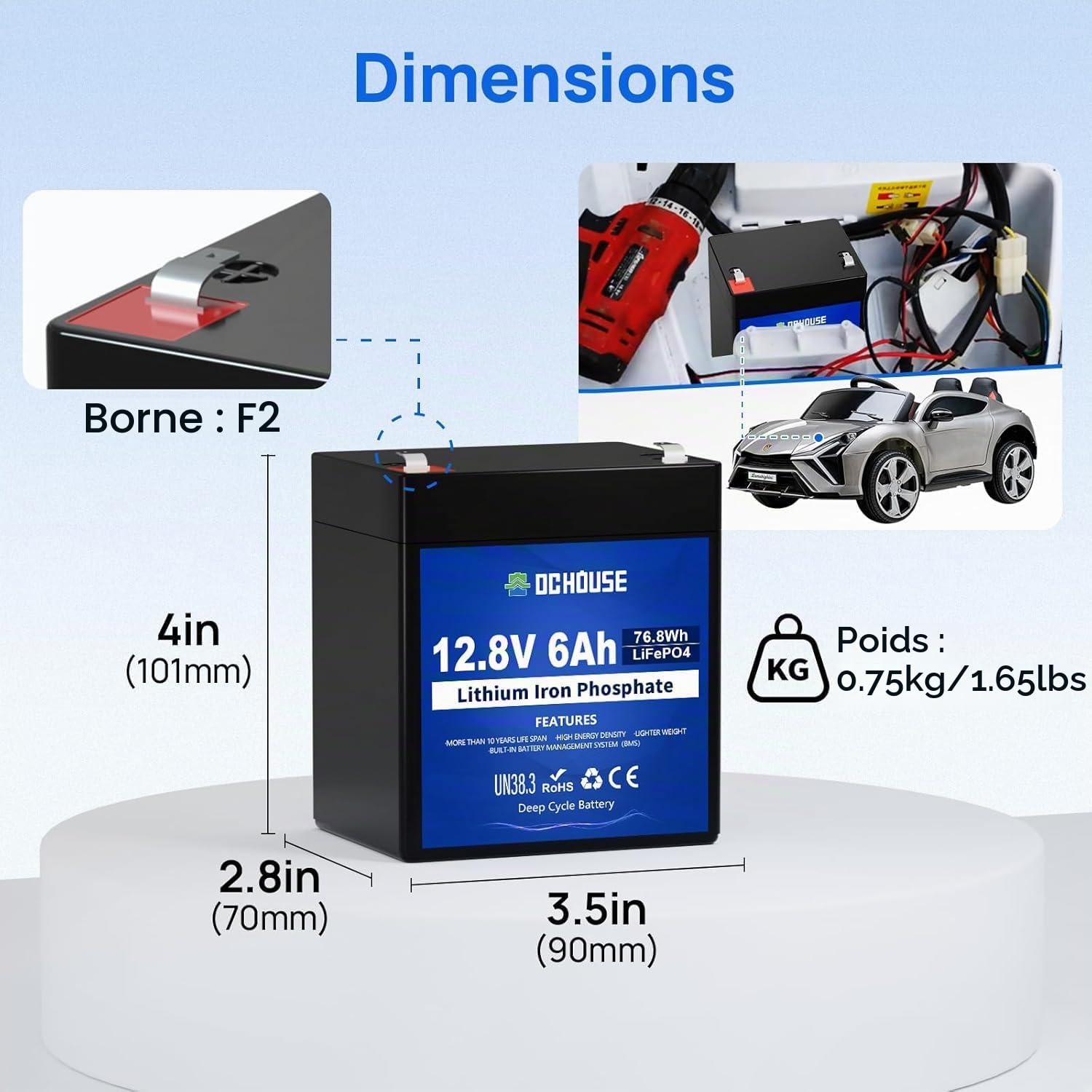 DCHOUSE 12V 6Ah LiFePO4 Batterie avec chargeurs de Batterie 4A, DC 12V vers Type C et USB, convertisseur de Batterie pour Camping-Car, Chariot de Golf, Tondeuse à Gazon, Panneau Solaire, Camping
