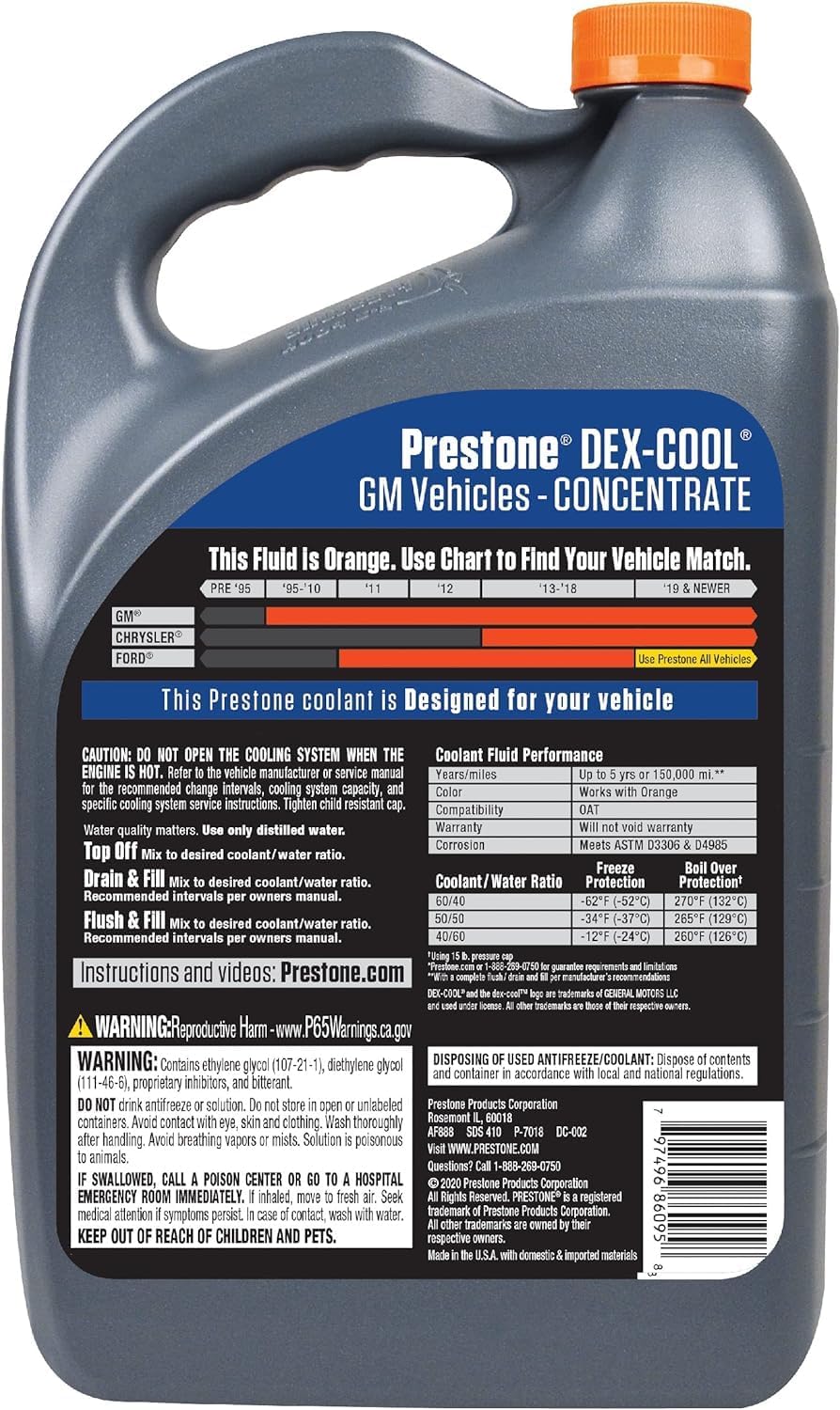 Prestone Dex-Cool Antifreeze and Coolant Concentrate, 1 Gallon, Pack of 6