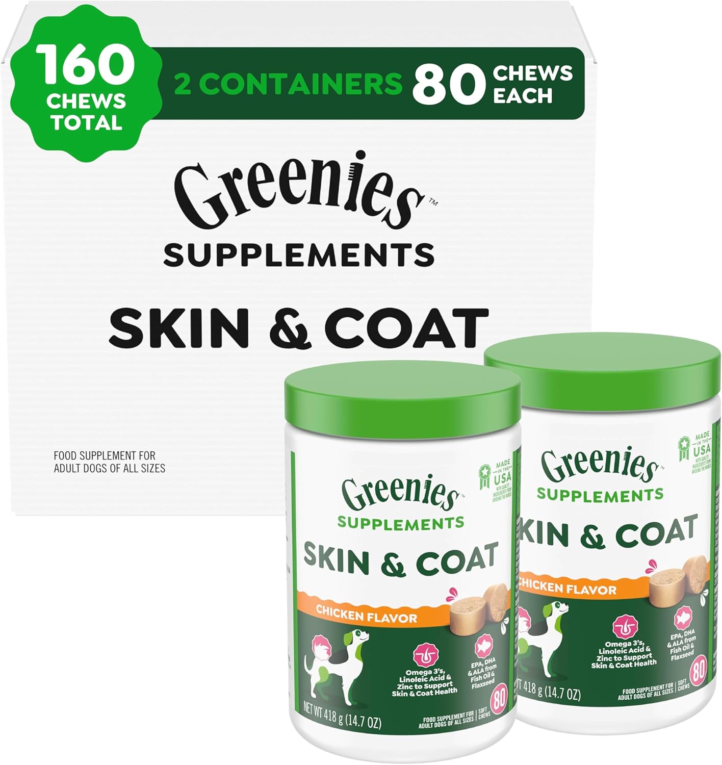 (( Best By/DEC/17/2025))Greenies Supplements Dog Skin and Coat Supplements with Fish Oil & Omega 3 Fatty Acids, Chicken Flavor, 80-Count Tub, Pack of 2 Chicken 80 Count (Pack of 2)