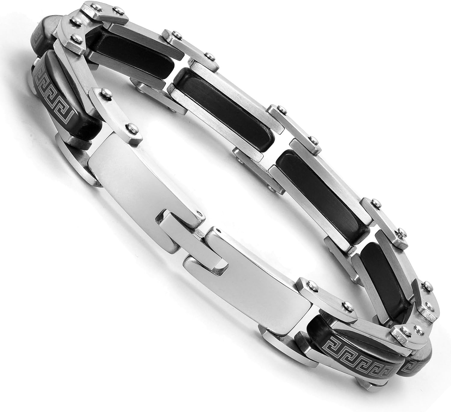 Urban Jewelry Men's 316L Stainless Steel Link Cuff Bracelets – Industrial Greek Pattern & Mechanical Style – Black & Silver Finish