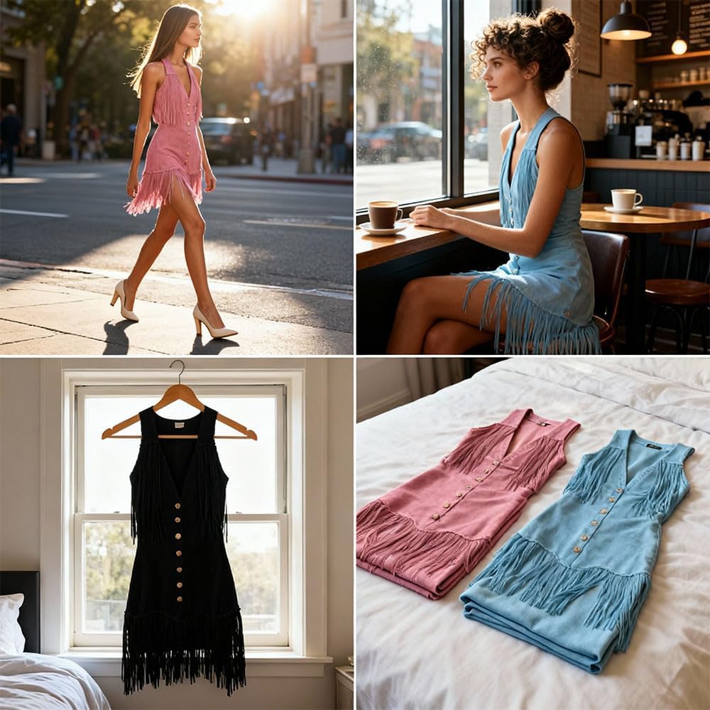 Cowgirl Dress for Women Vintage V Neck Tassel Fringe Sleeveless Button Front Western Country Mini Dress