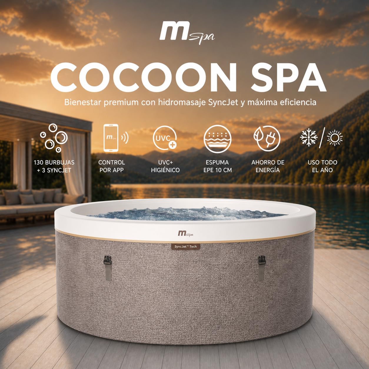MSpa Eco SPA Hinchable semirrígido Circular 4-6 Personas con Aislamiento térmico, hidromasaje Air Jet, calefacción, filtración Inteligente, ozono y desinfección UVC