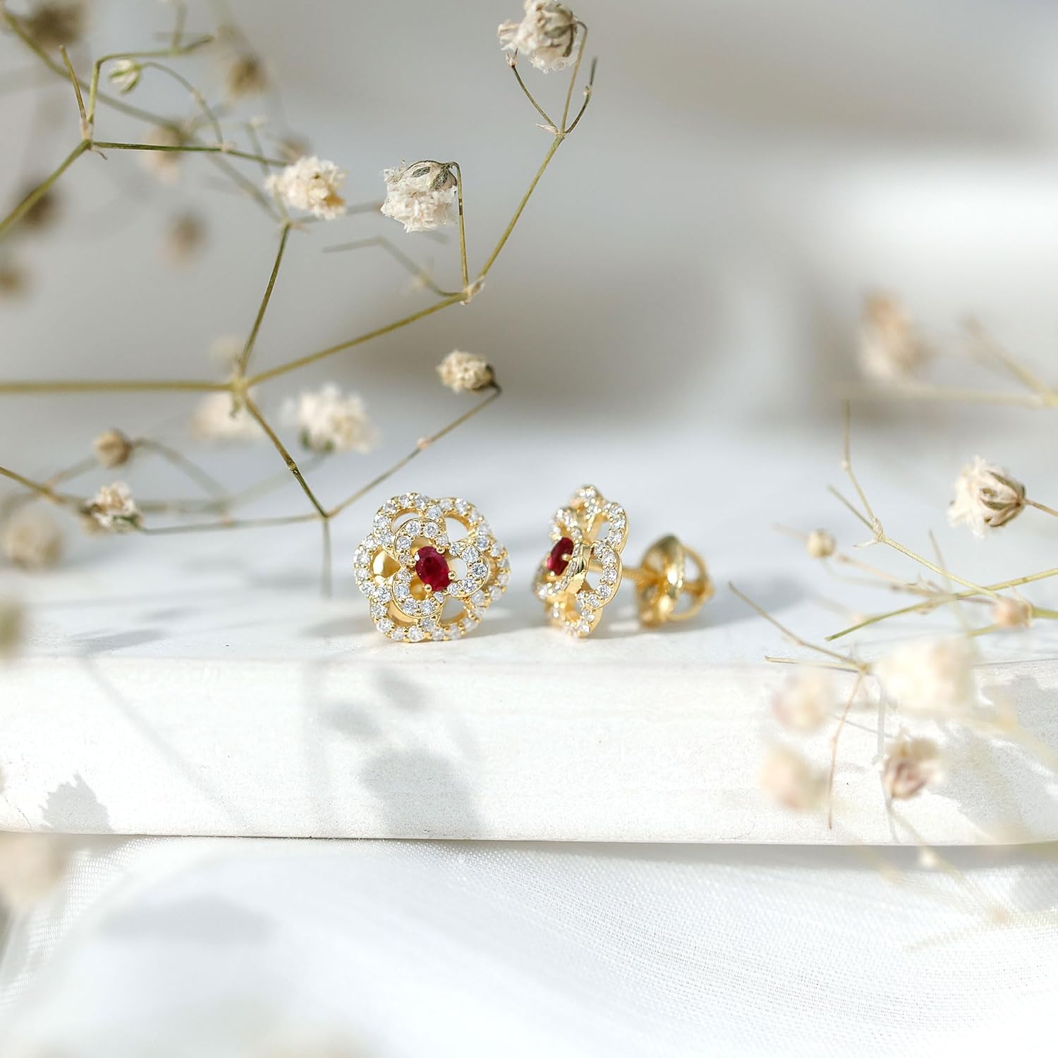 Certified Lab Grown Ruby Diamond Flower Earrings in Silver, Aaaa Quality, Ruby Statement Earrings - Unique Gift For Women - Image 3