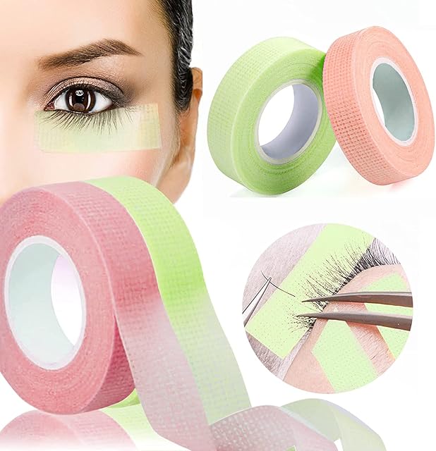 2 Rolls Eyelash Tape, Adhesive Fabric Eyelash Tape, Breathable Micropore Fabric Medical Tape for Eyelash Extension Supply, Easily Teared Under Eye Lashes Tool, Individual Package (Pink and Green)