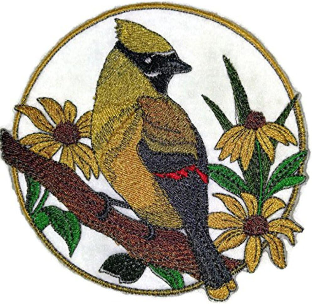 Nature Weaved in Threads, Amazing Birds Kingdom [Cedar Waxing and Blackeyed Susan Circle [Custom and Unique] Embroidered Iron on/Sew Patch [5" *5"] [Made in USA]