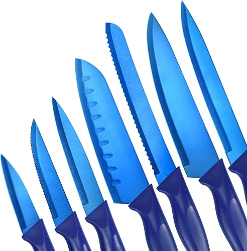 Miniatura 7 de LIFVCNT Juego de cuchillos de cocina profesionales azules de 7 piezas, juego de cuchillos de carne dentados, juego de cuchillos de chef de acero