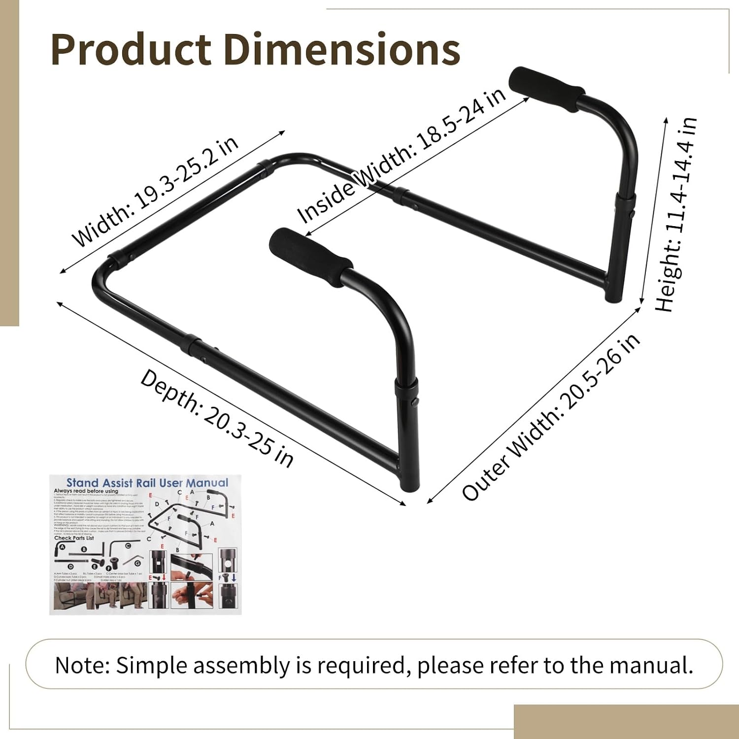 Adjustable Stand Assist for Couch, Aluminum Alloy Sit to Stand Aid with Foam Grip Handles, Sofa Standing Support Frame for Home Use, Sofa Safety Grab Bar Over or Under Couch Seat