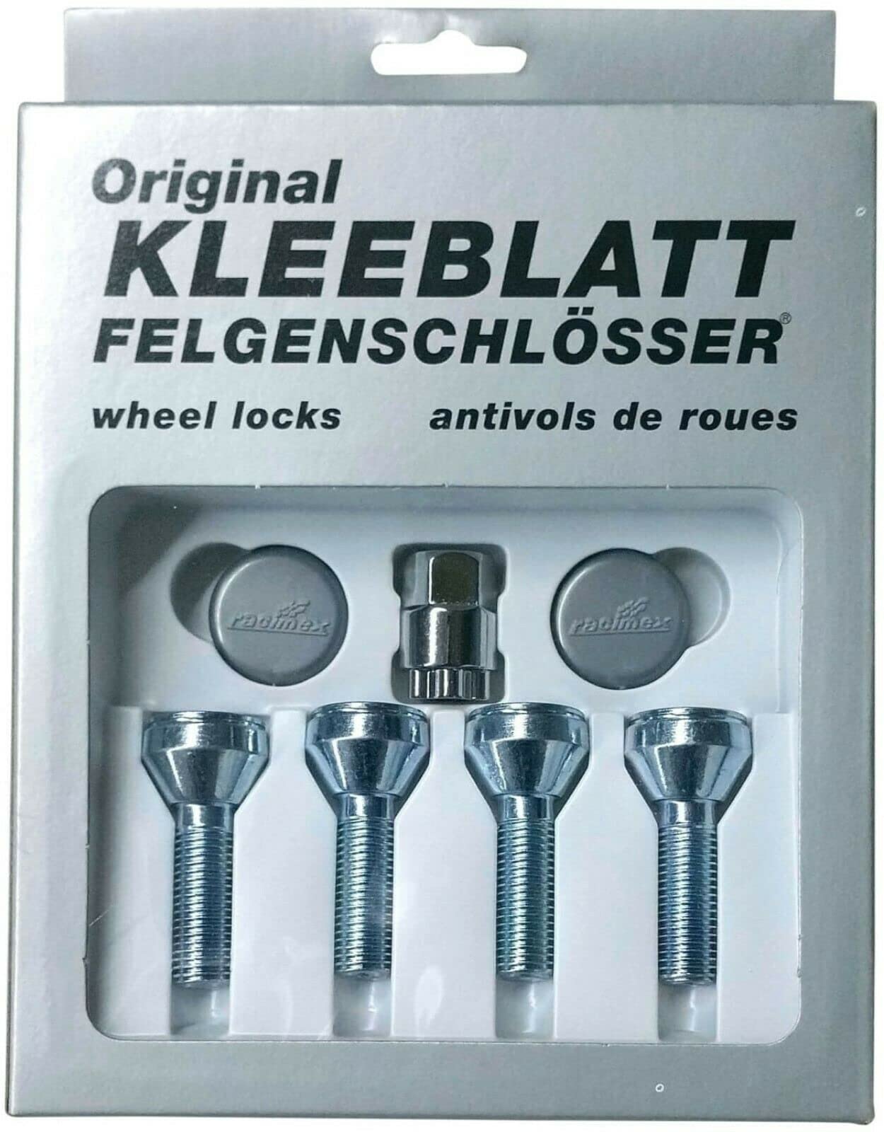 KLEEBLATT Felgenschloss M12x1,5x35mm Kegelbund (60 Grad ) inkl. Adapter Felgenschlösser Felgensicherung Radsicherungsbolzen Typ 942, Chrom
