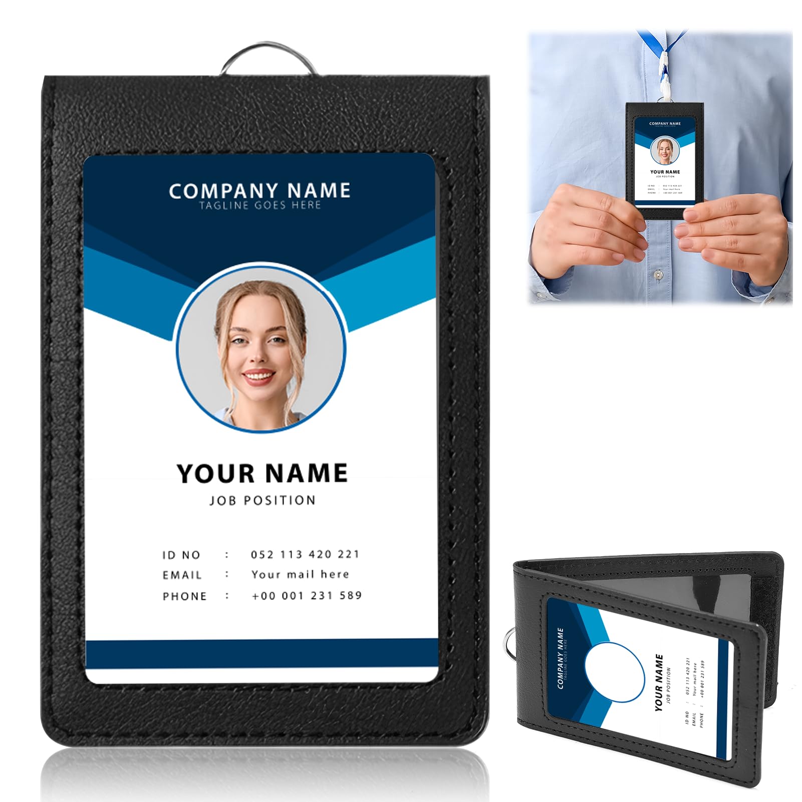 Badge Holder Vertical PU Leather ID Card Holder with Clear Window Minimalist Travel Credit Wallet Case for Work, Bus Pass and Metro, Black