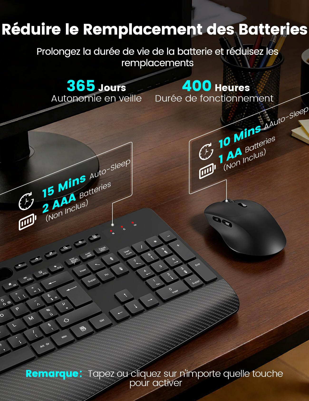 Ensemble Clavier et Souris sans Fil, Ergonomique Pleine Taille Clavier avec Repose-Poignet, Support, Mode Veille, 2,4 GHz Silencieux Clavier Souris pour Windows, PC, Laptop, AZERTY-KM23 (Noir)