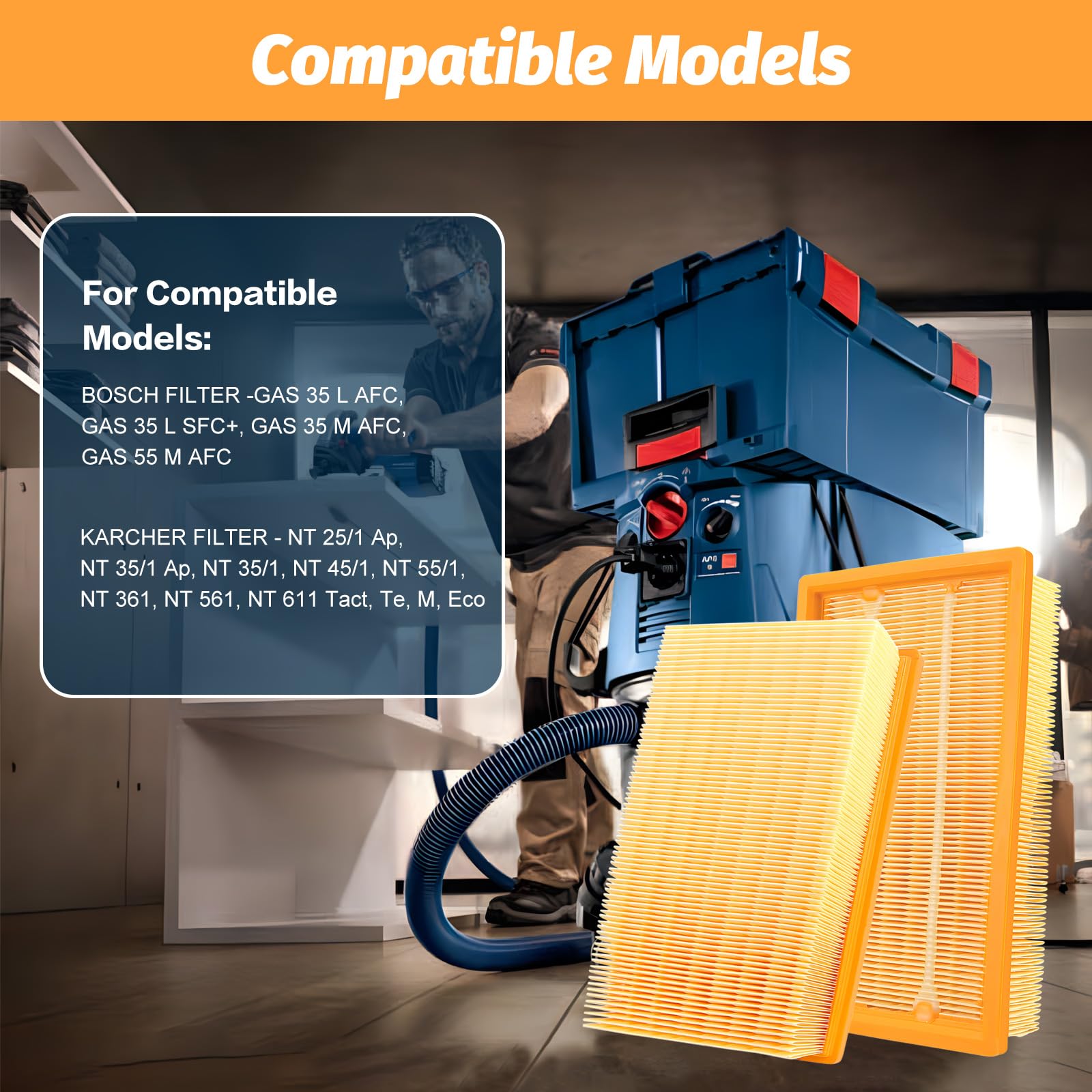 2 filtros de pliegues planos para aspiradoras profesionales Bosch Gas 35 L, M SFC, AFC y como filtros de repuesto para aspiradoras en húmedo/seco Kärcher NT25/1 Ap, NT 30/1, NT35/1 Ap