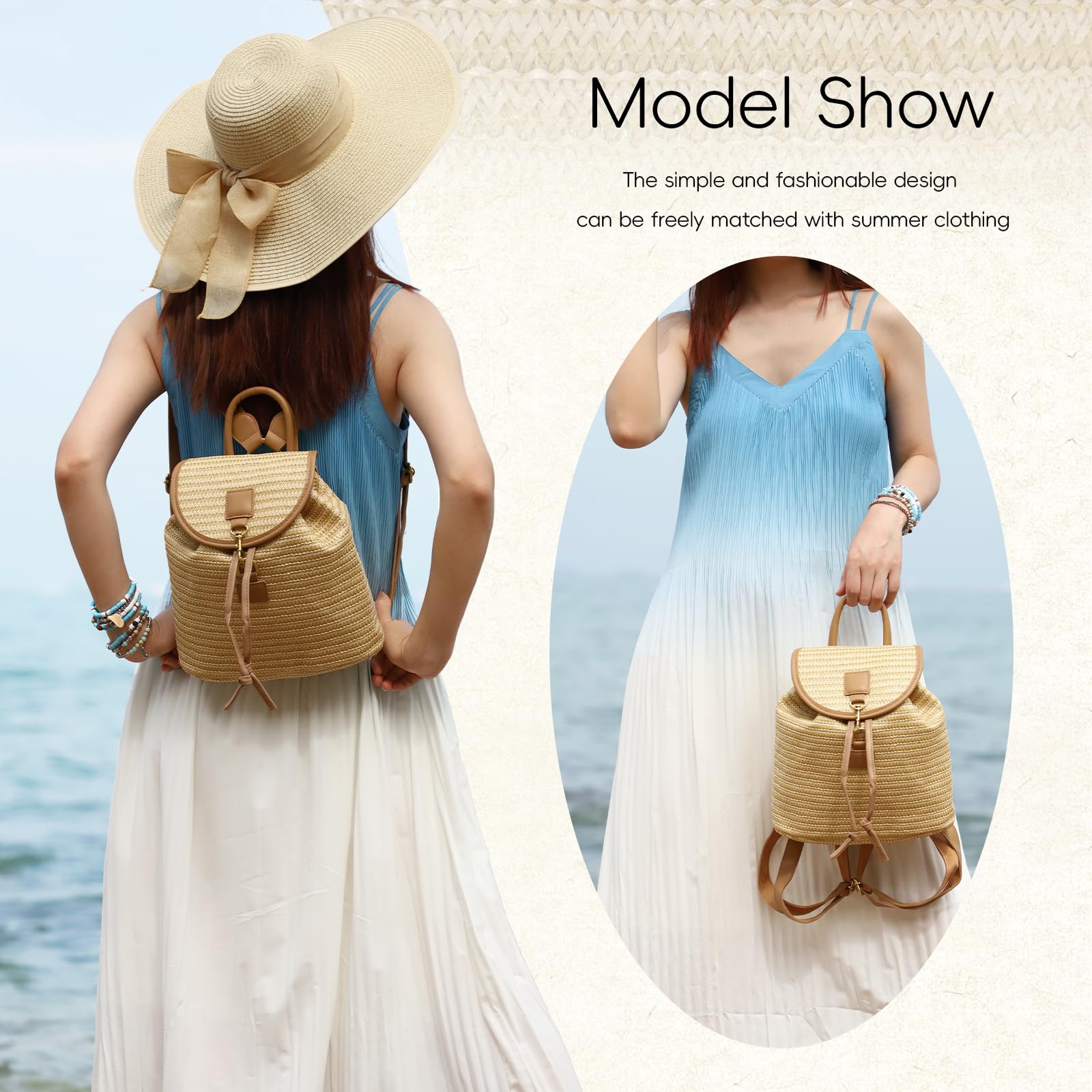 Mochila de paja tejida de mujeres Mochila de moda Mochila de verano de vacaciones en la playa