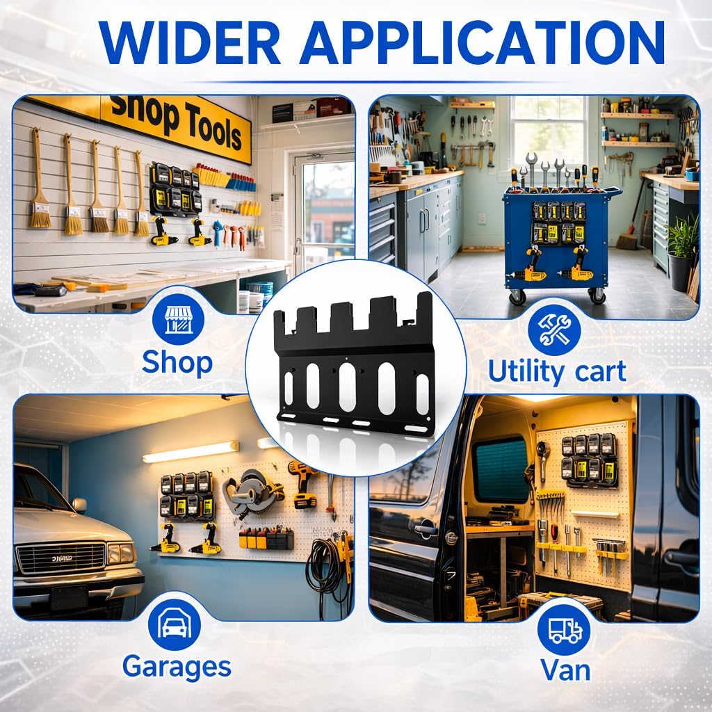 3-in-1 Battery Charger Wall Mount Holder for Dewalt 4 x 20V or 18V Battery and 2 x DCB112 or DCB115 Charger, Battery Charger Hanger/Storage/Rack/Organizer for Garage/Utility Cart/Van