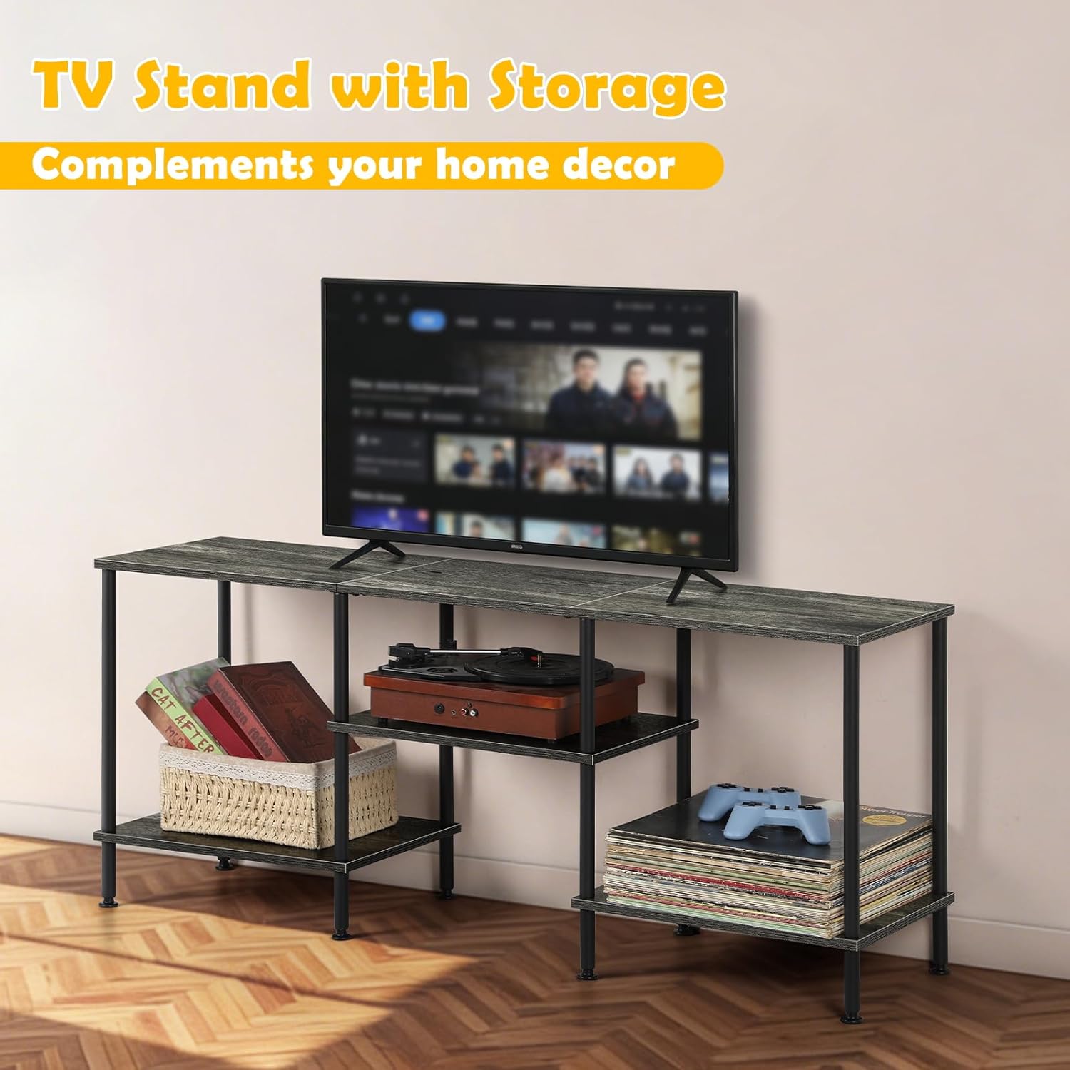 50 Inch TV Stand for Bedroom Dark Grey Entertainment Center with Storage 3 Tier TV Consoles for Living Room TV Media Console Table Cabinet with Open Storage Shelves for 50 43 40 32 Inch TV