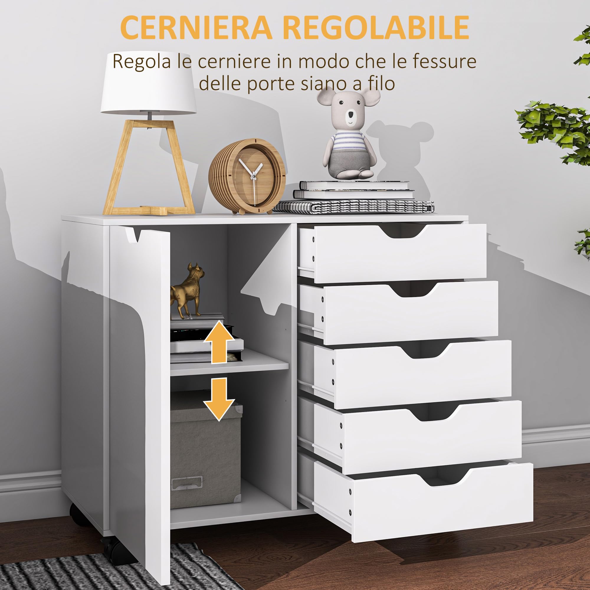 HOMCOM Armadietto per Documenti con 5 Cassetti, Armadio da Ufficio con Ripiano Regolabile, Mobiletto Multiuso Portaoggetti con Ruote, per Casa Ufficio, 78x40x66.5 cm, Bianco