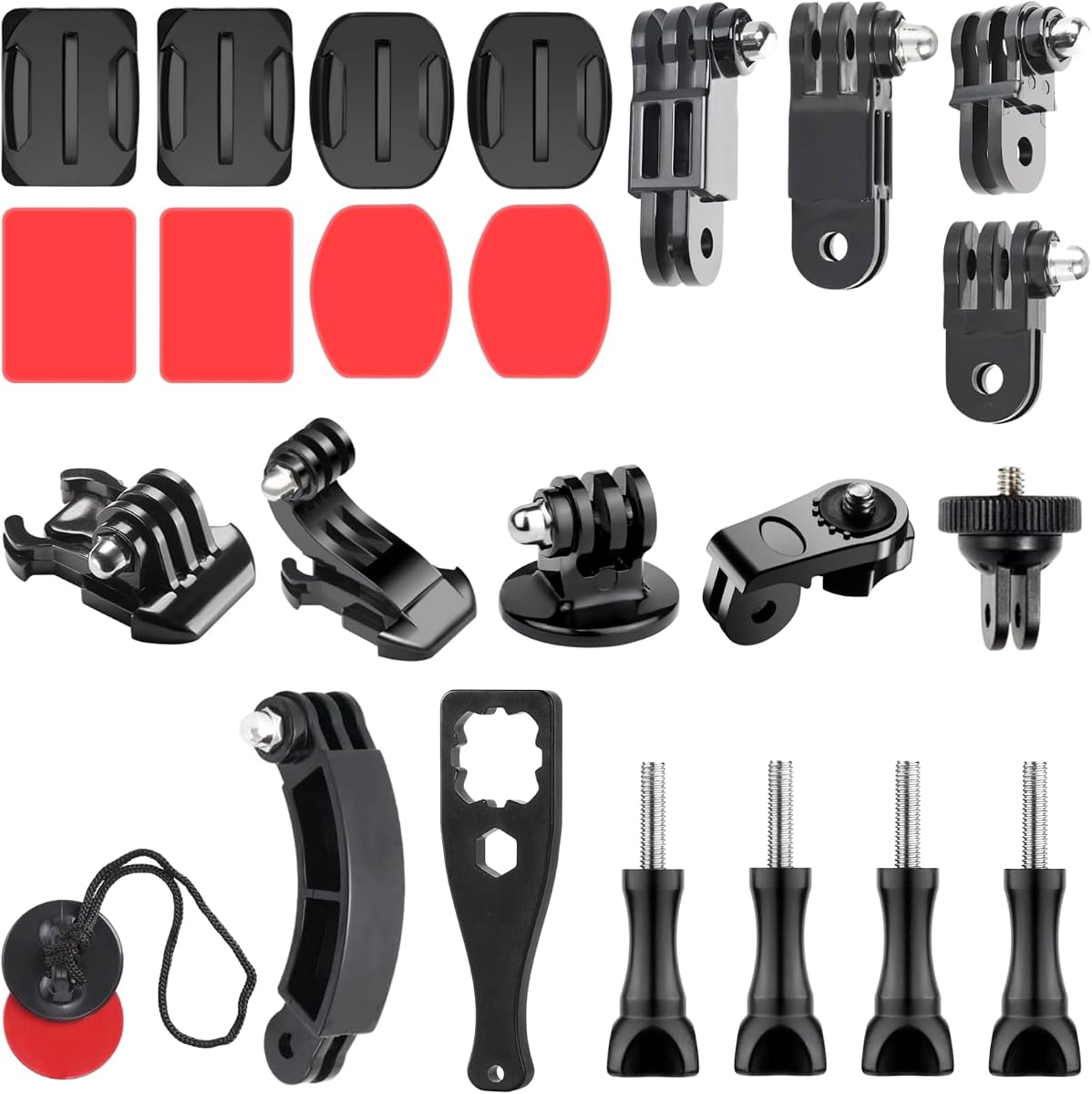 Universal Action Camera Accessories Kit: Curved/Flat Mount, Quick Release Buckle, J-Hook Buckle, 3-Way Pivot Arms, Tripod Adapter, Curved Extension Arm and etc, Action Camera Basic Adapter Kit
