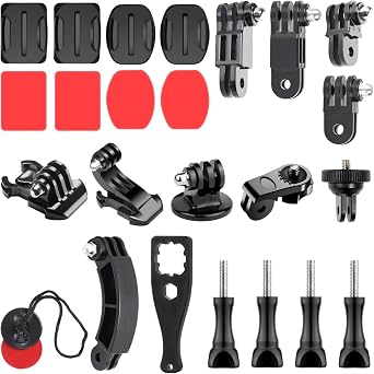 Universal Action Camera Accessories Kit Curved/Flat Mount, Quick Release Buckle, J-Hook Buckle, 3-Way Pivot Arms, Tripod Adapter, Curved Extension Arm and etc, Action Camera Basic Adapter Kit