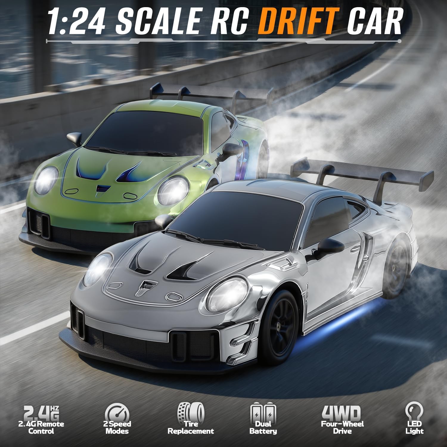 RC Drift Car, 1:24 4WD Remote Control Cars Vehicle with LED Light,2.4GHz 20KM/H High Speed RC Cars with Two Batteries & Drifting Tires Racing Sport Toy for Adults Boys Girls Kids Silve