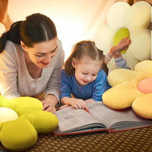 Miniatura 10 de Sratte 3 almohadas de flores de 20 pulgadas con forma de flor de margarita, cojines de asiento de flores para adultos y niños, hogar, dormitorio,