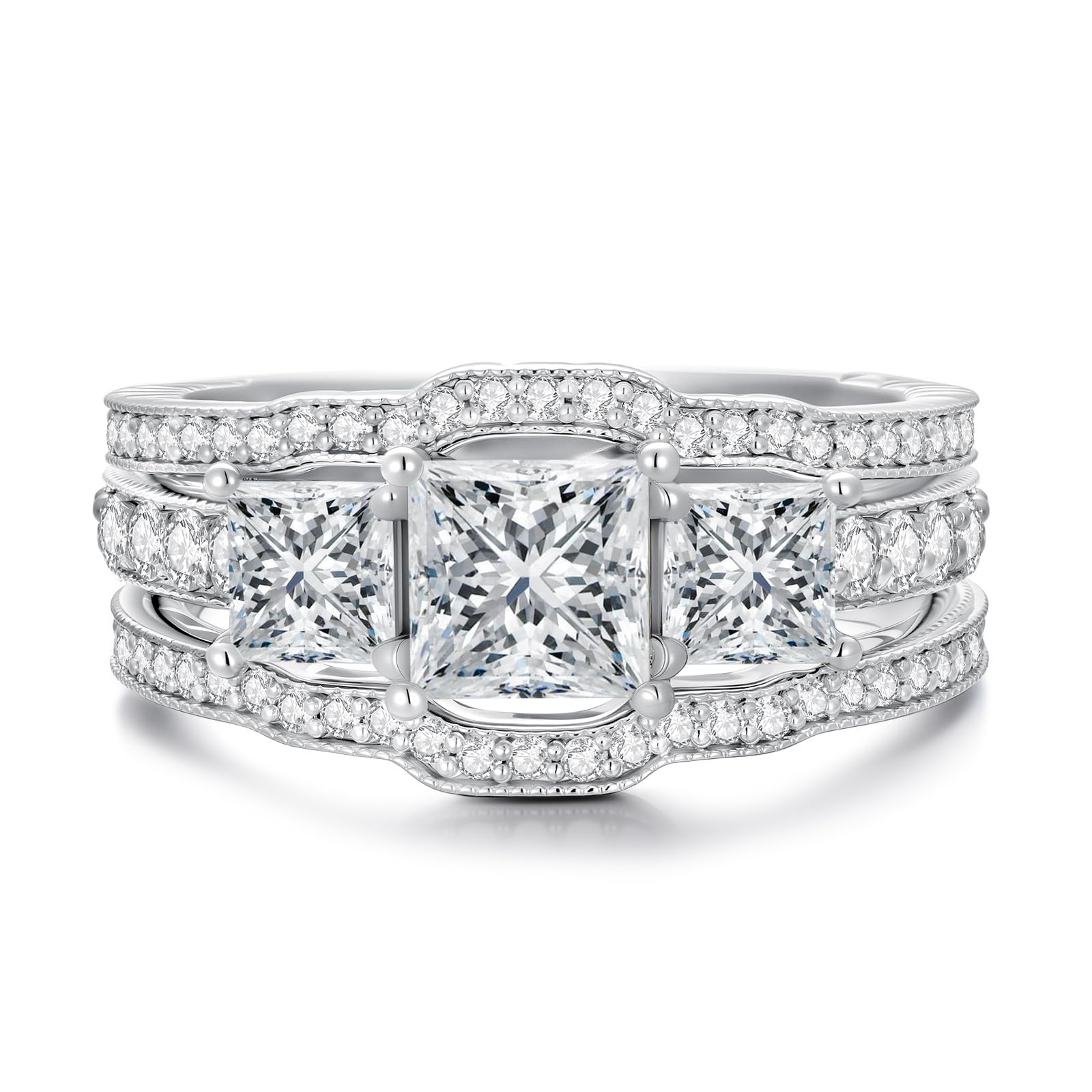 3PCS Princess Cut Wedding Ring Set for Women 2.8 Ctw Moissanite Bridal Ring Set Platinum Plated Silver Engagement Ring Set Bridal Set