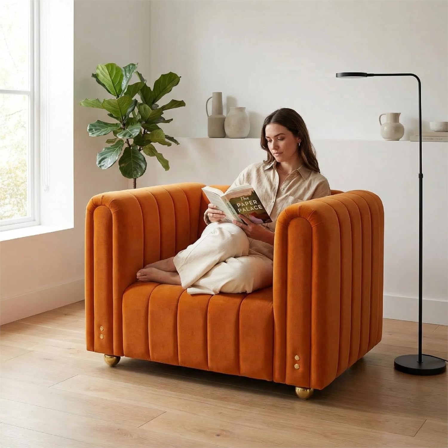 40" Mid-Century Modern Accent Chair, Velvet Upholstered Single Sofa with Button Tufted Back, Round Arms & Gold Metal Legs, Plush Comfort for Living Room, Bedroom, Office (orange, single seat)