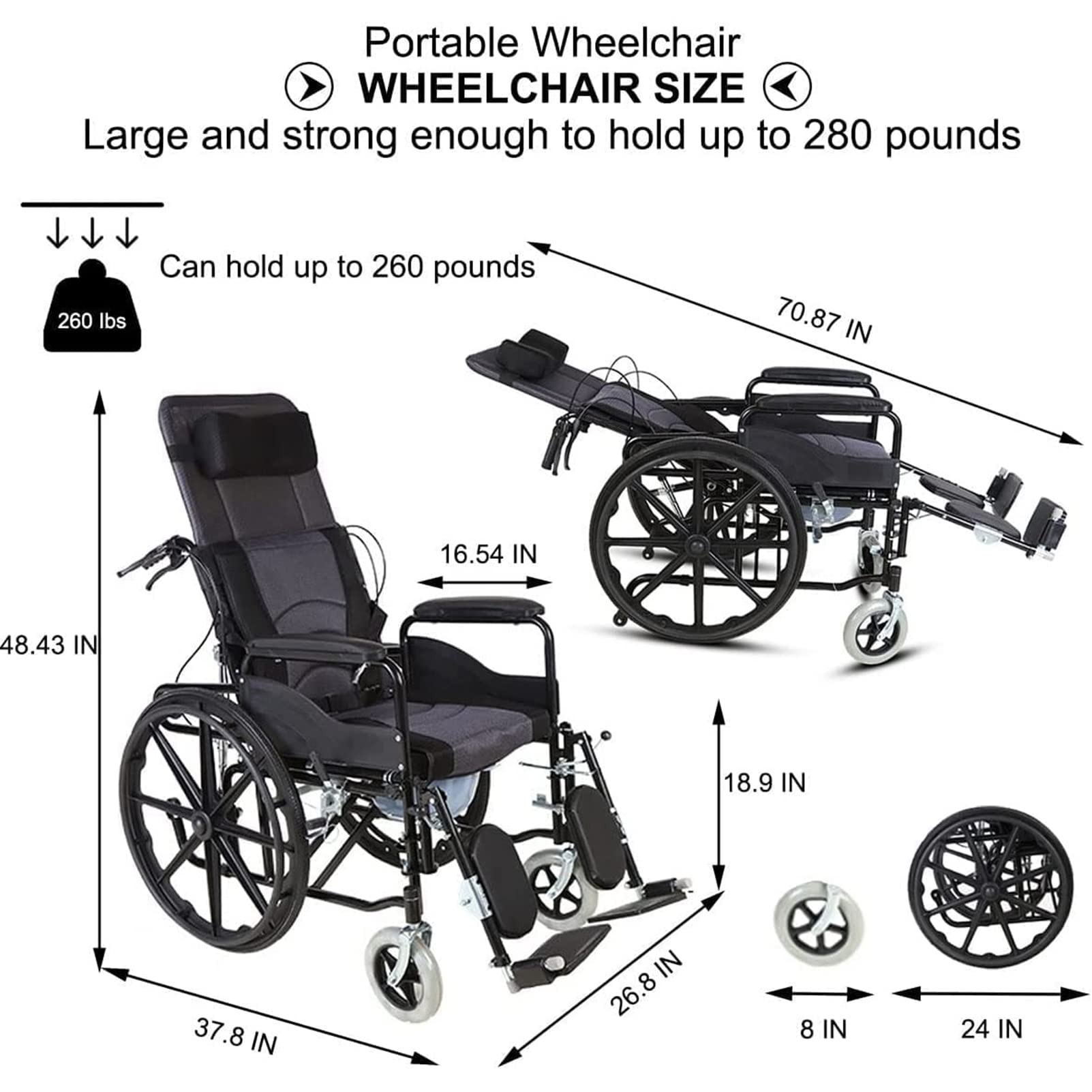 Silla De Ruedas Reclinada Estándar, Silla De Ruedas De Transporte Plegable Portátil Reclinable Ligero con Reposabrazos Desmontable Y Reposapiernas Abatibles, para Discapacitados