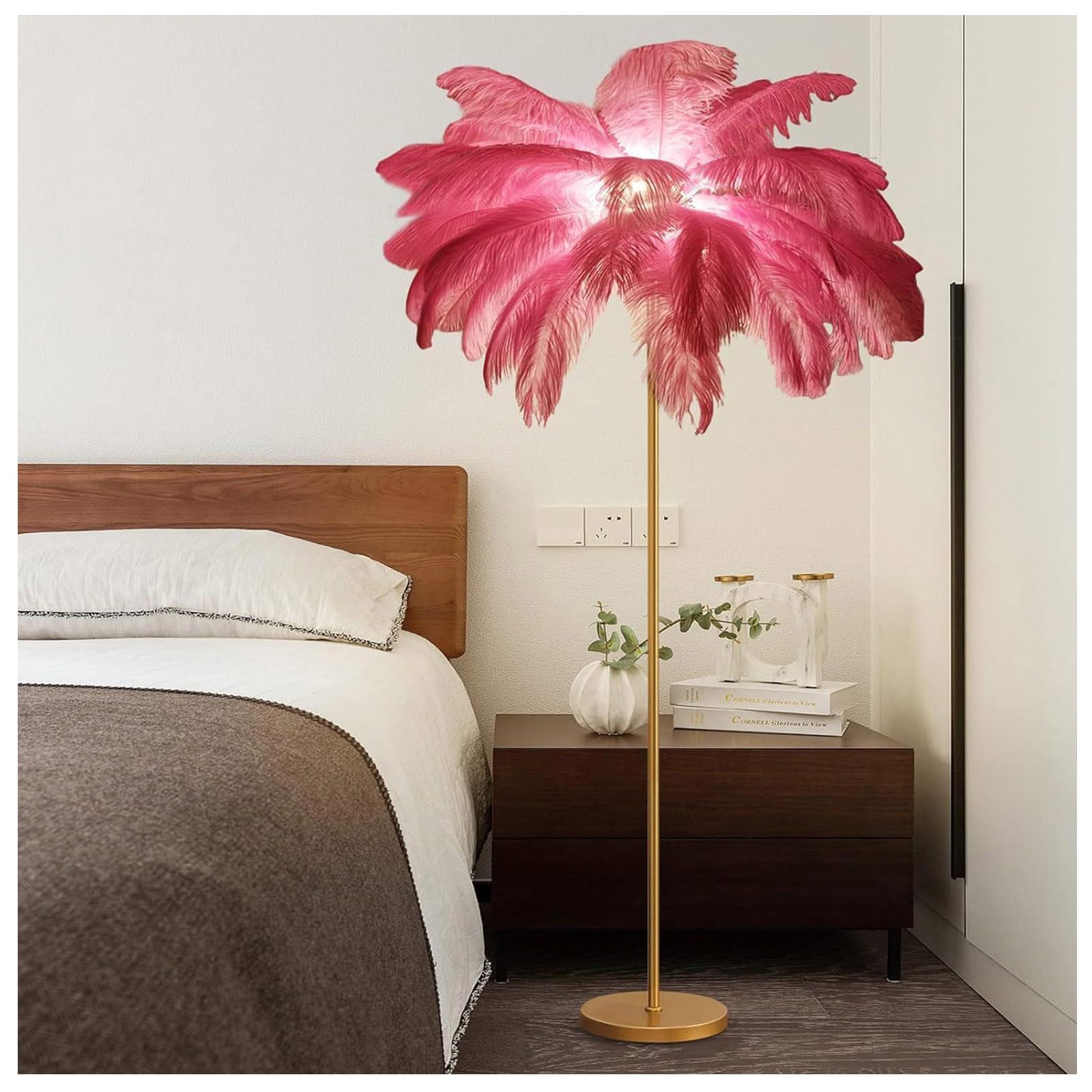 ANram Floor lamp with G4-LED Bulb,Ostrich Feather Lamp with 48 Feathers Lampshade Gold Standing LampSuitable for Living Rooms Girl Bedroom Tall Corner Reading lamp