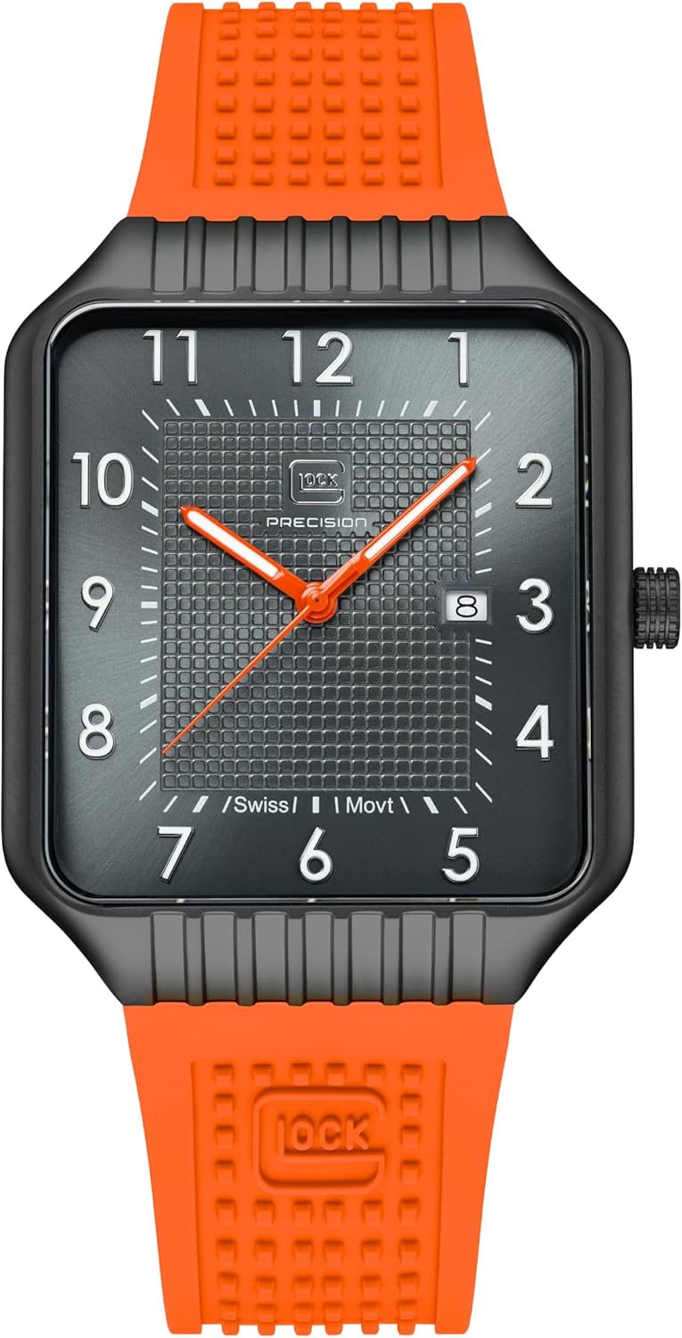 GLOCK Men's Quartz Watch | 48x38mm case | Wristwatch with Black Steel Case | Grey Dial | Orange Silicone Strap | 5ATM | GW-2-1-24