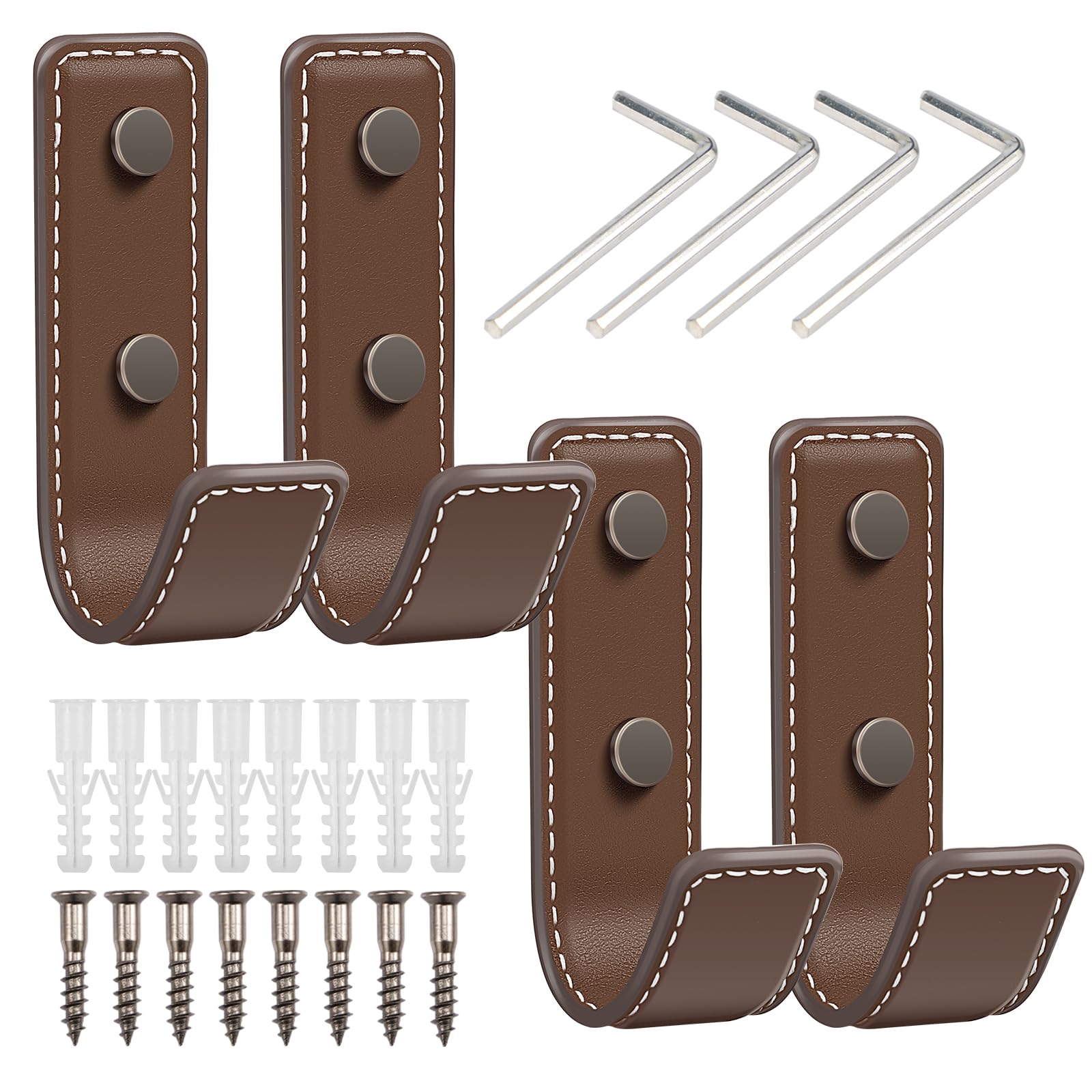 HAIJED 4Pcs Leather Wall Hooks for Hanging Wall Mounted Dark Brown Clothes Hooks Decorative Leather Towels Hooks Multipurpose Leather Hats Hooks for Towels Bags Hats Closet